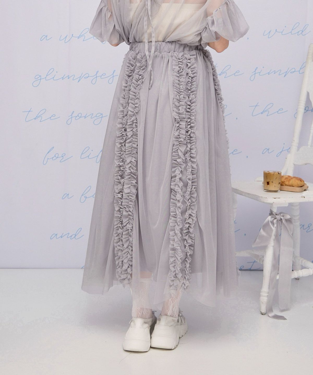 ウエストゴム シースルー セット ロング丈 /アイボリー/グレー/M