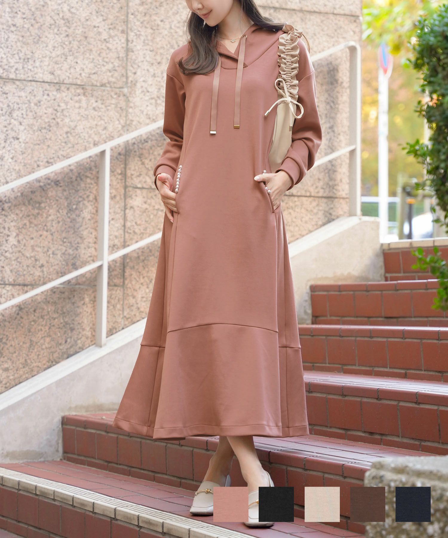 パールラインポケットフーディワンピースlerevevanillerコーラルピンク/ブラック/ピンクベージュ/ブラウン/ネイビー