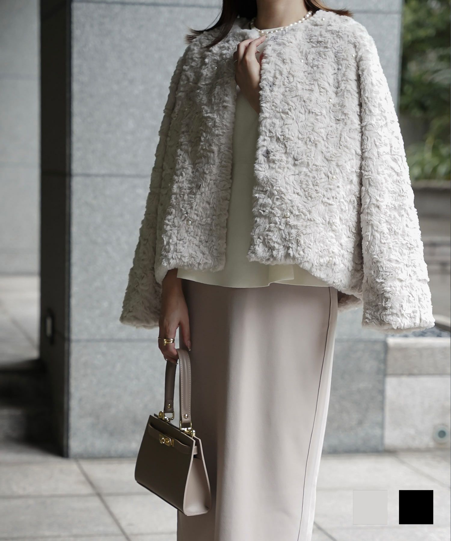 セレクト パール エコファー コート HUIT グレージュ/ブラック