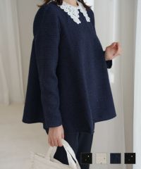 レース襟付き スパンコール ツイード トップス HUIT ブラックミックス/ネイビー/アイボリー/ブラック