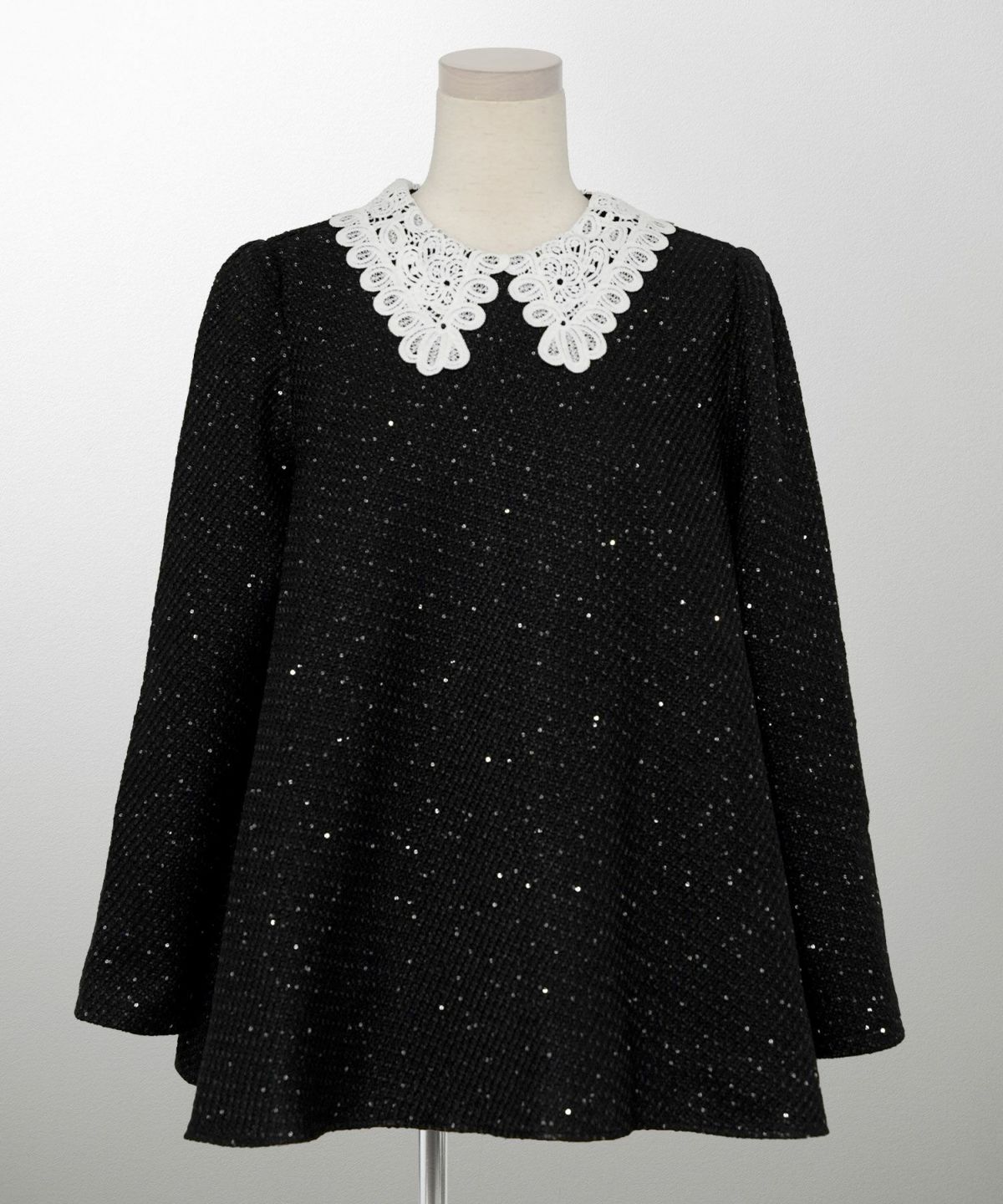 パフスリーブ フレア 上品 秋冬 チュニック/ブラックミックス/ネイビー/アイボリー/ブラック/M