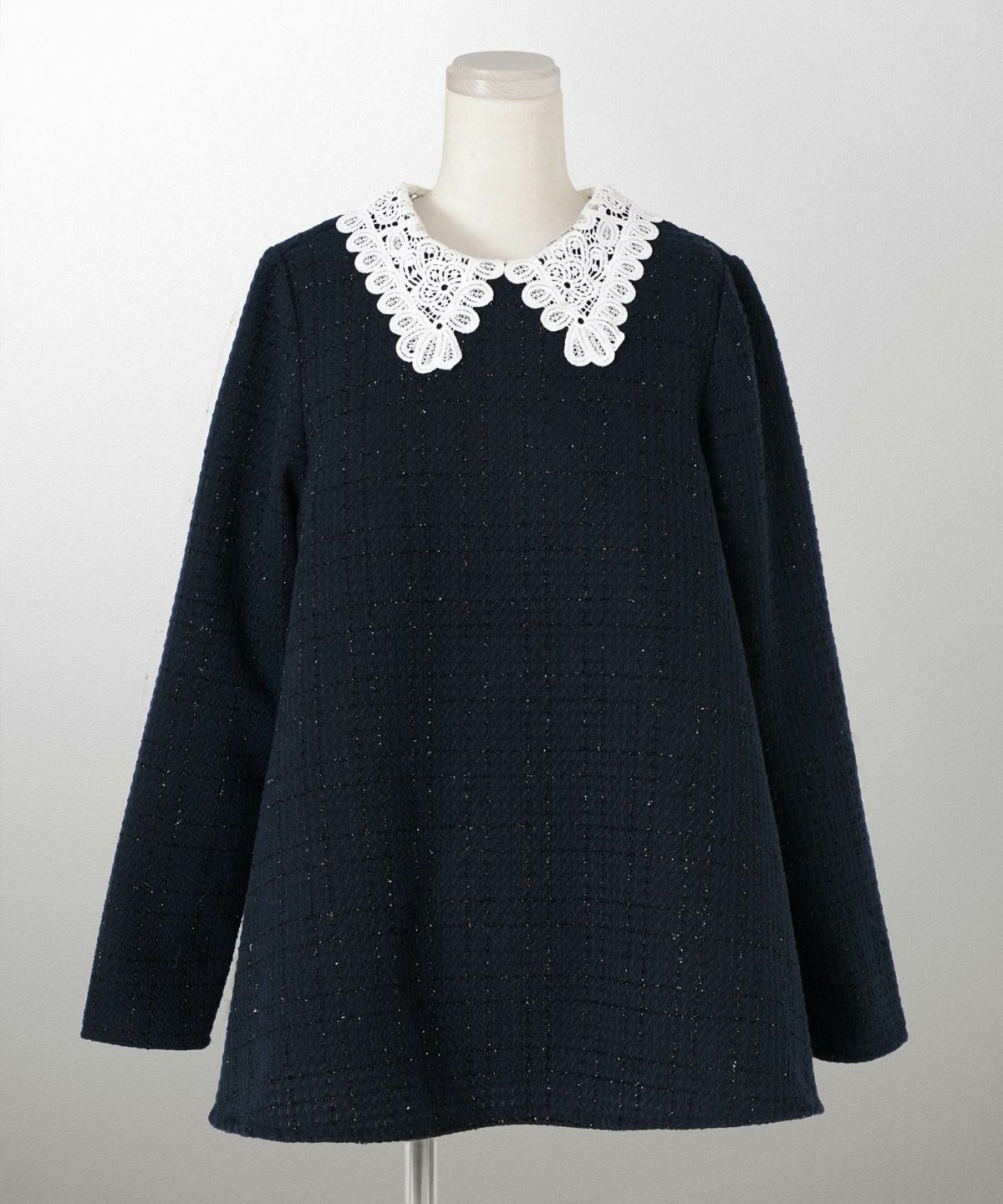 パフスリーブ フレア 上品 秋冬 チュニック/ブラックミックス/ネイビー/アイボリー/ブラック/M