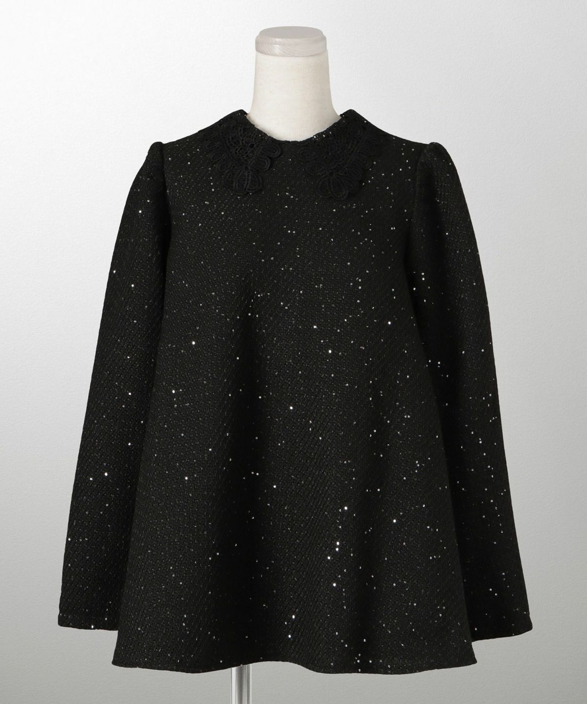 パフスリーブ フレア 上品 秋冬 チュニック/ブラックミックス/ネイビー/アイボリー/ブラック/M