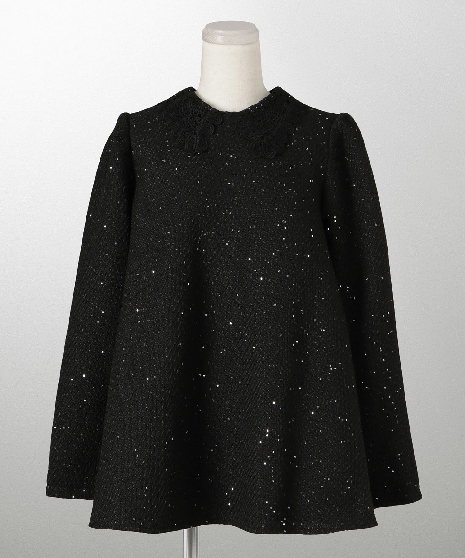 パフスリーブ フレア 上品 秋冬 チュニック/ブラックミックス/ネイビー/アイボリー/ブラック/M