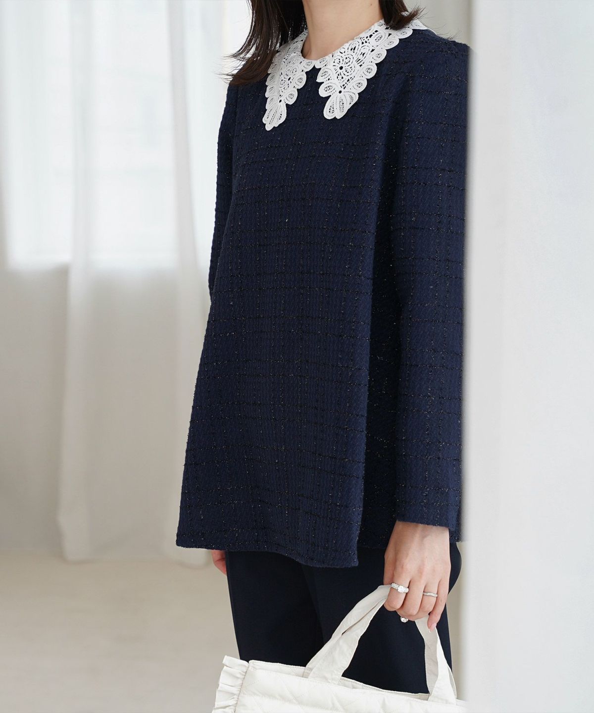 パフスリーブ フレア 上品 秋冬 チュニック/ブラックミックス/ネイビー/アイボリー/ブラック/M