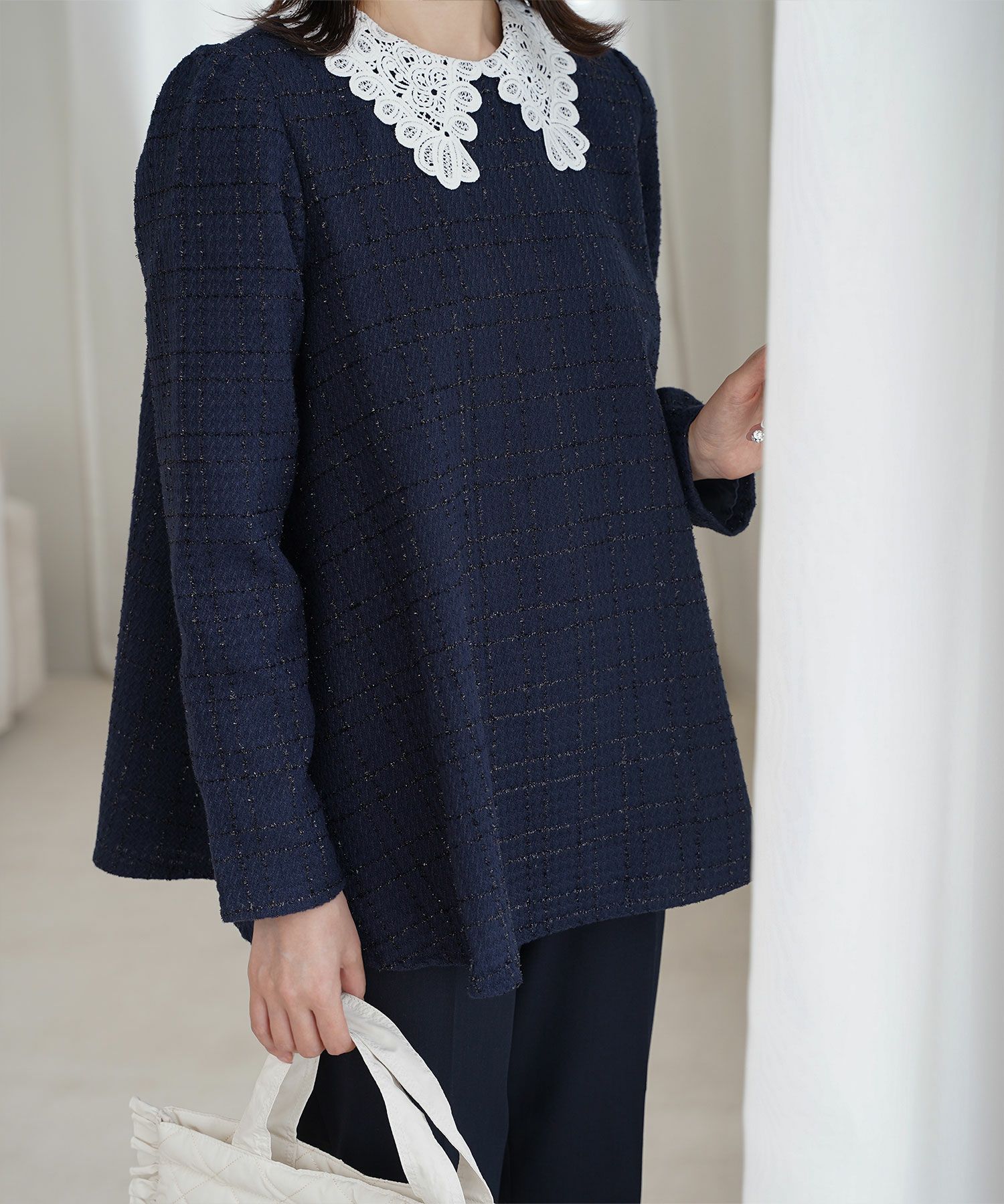 パフスリーブ フレア 上品 秋冬 チュニック/ブラックミックス/ネイビー/アイボリー/ブラック/M