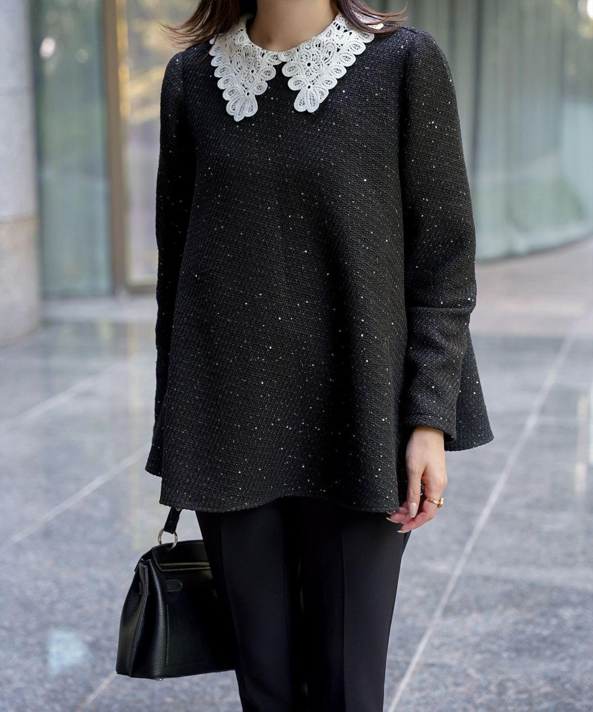 パフスリーブ フレア 上品 秋冬 チュニック/ブラックミックス/ネイビー/アイボリー/ブラック/M