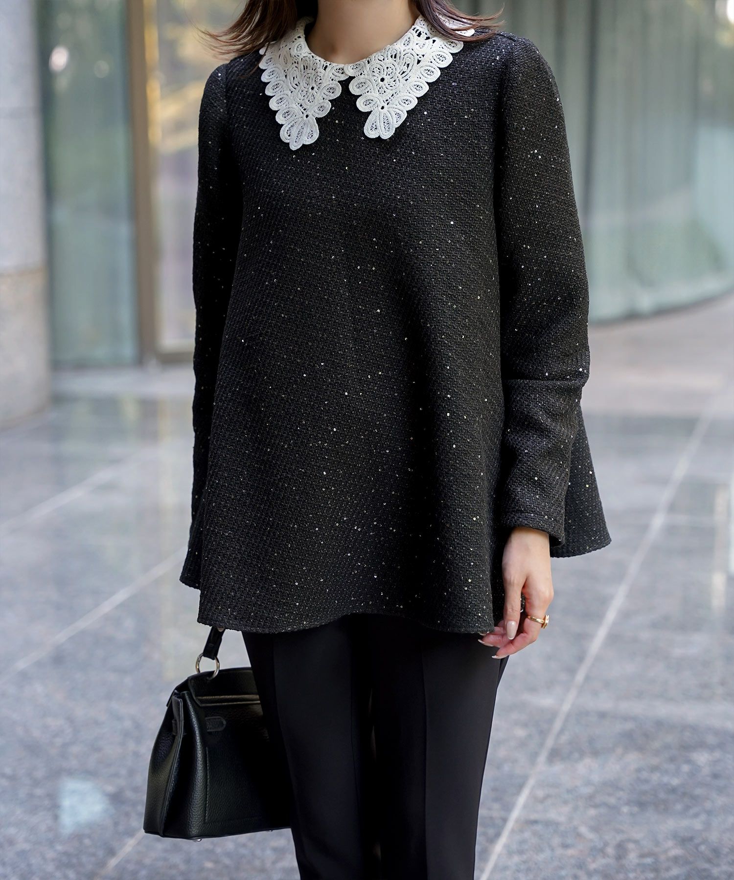 パフスリーブ フレア 上品 秋冬 チュニック/ブラックミックス/ネイビー/アイボリー/ブラック/M