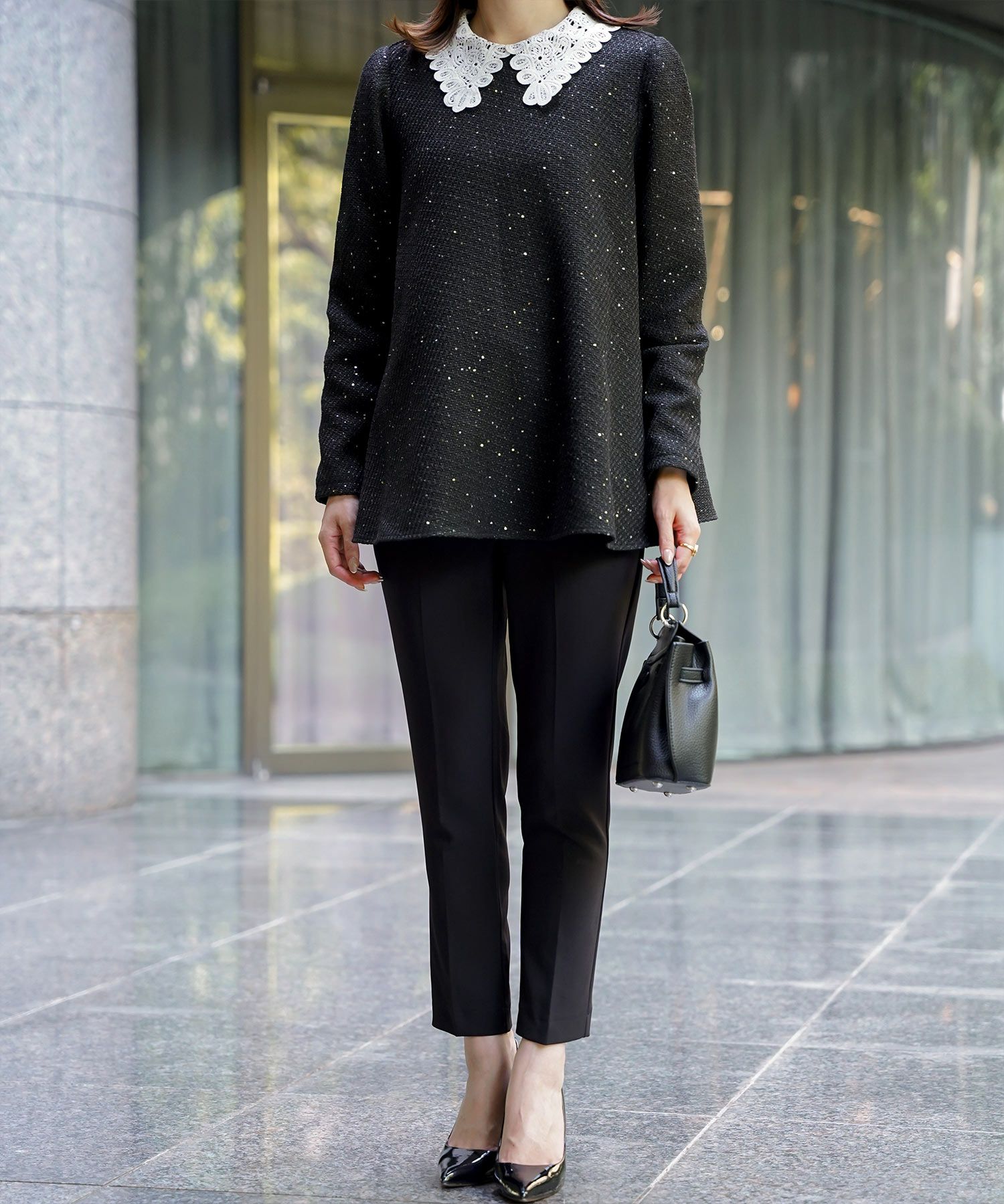 パフスリーブ フレア 上品 秋冬 チュニック/ブラックミックス/ネイビー/アイボリー/ブラック/M