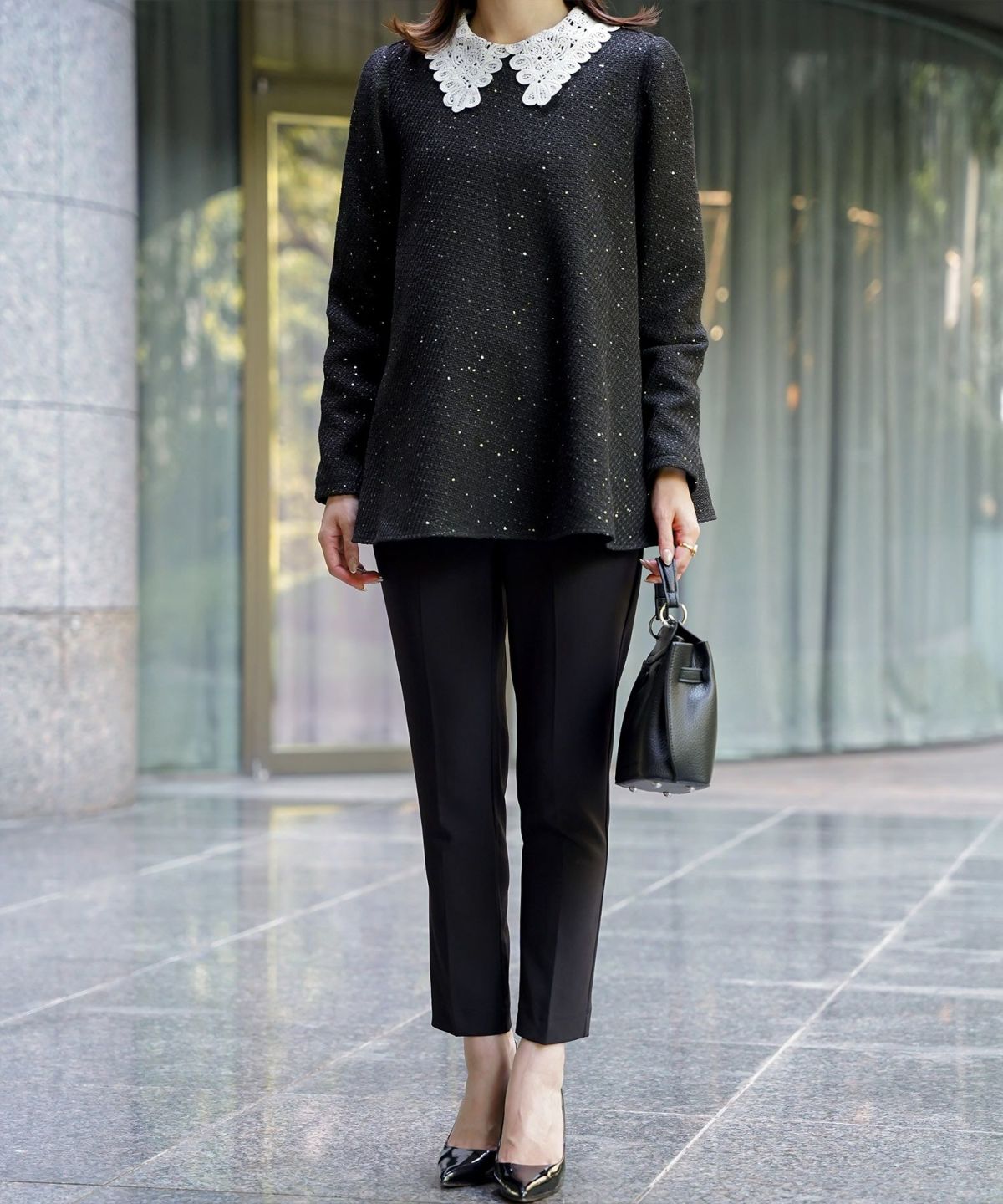 パフスリーブ フレア 上品 秋冬 チュニック/ブラックミックス/ネイビー/アイボリー/ブラック/M