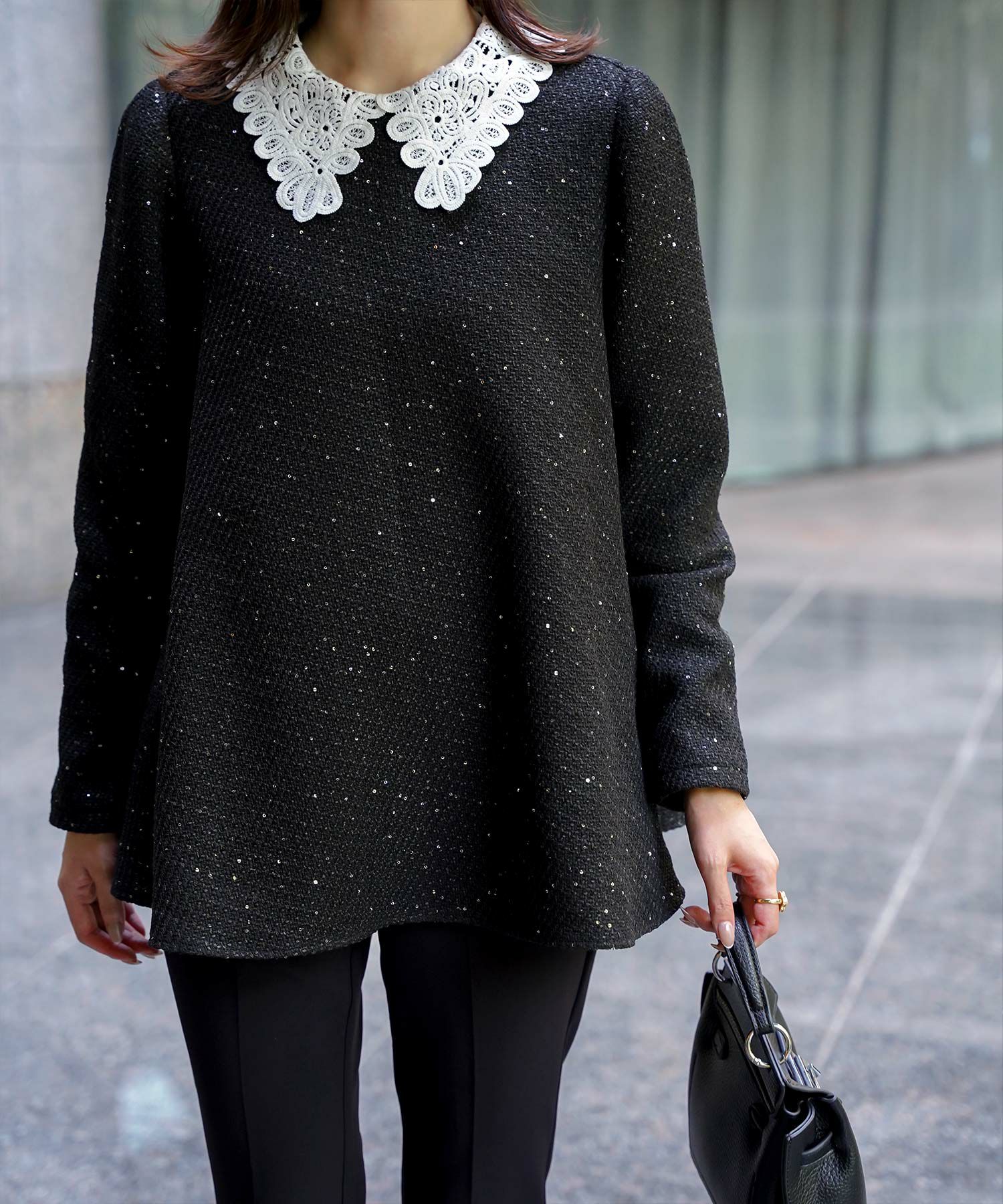 パフスリーブ フレア 上品 秋冬 チュニック/ブラックミックス/ネイビー/アイボリー/ブラック/M