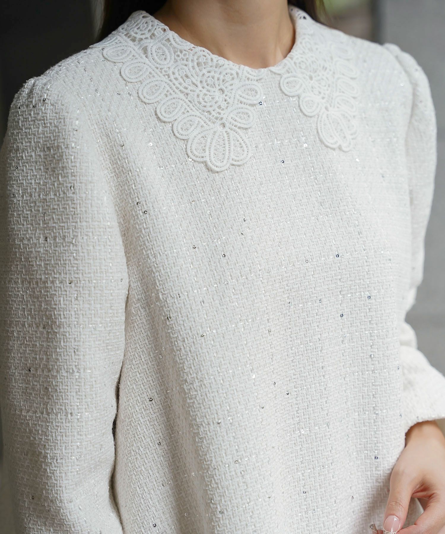 パフスリーブ フレア 上品 秋冬 チュニック/ブラックミックス/ネイビー/アイボリー/ブラック/M