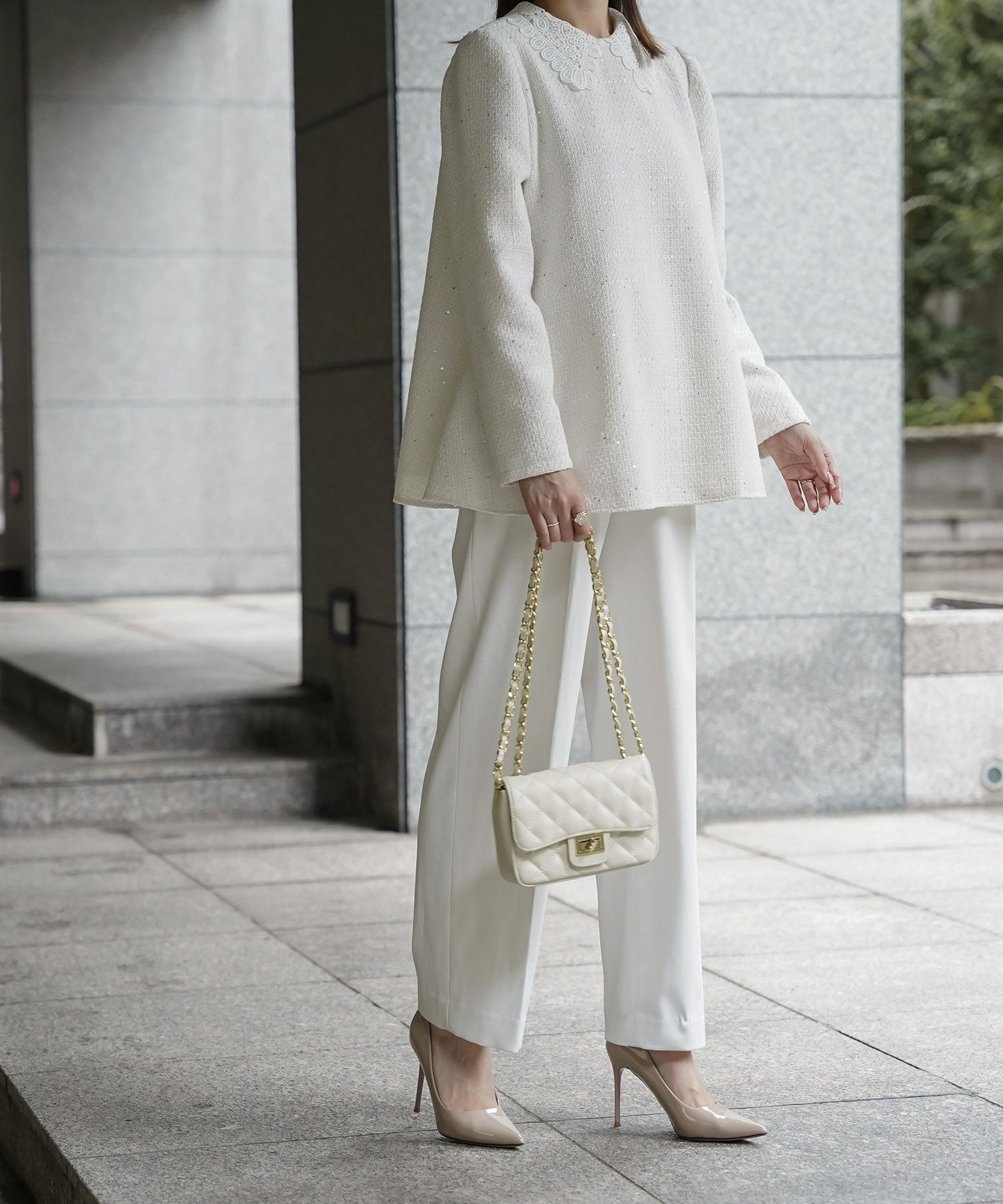 パフスリーブ フレア 上品 秋冬 チュニック/ブラックミックス/ネイビー/アイボリー/ブラック/M