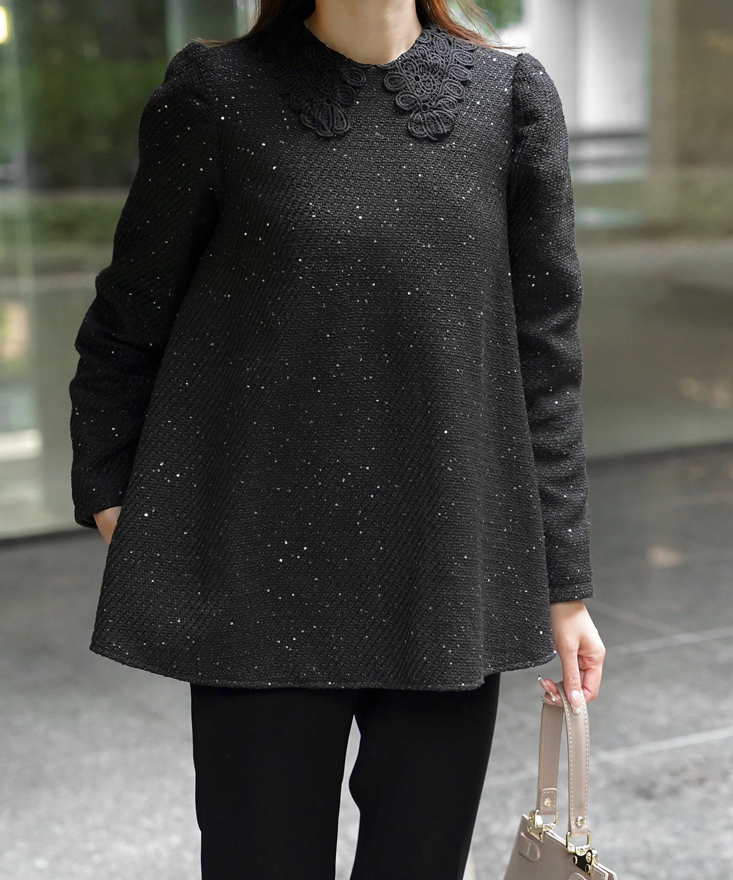 パフスリーブ フレア 上品 秋冬 チュニック/ブラックミックス/ネイビー/アイボリー/ブラック/M