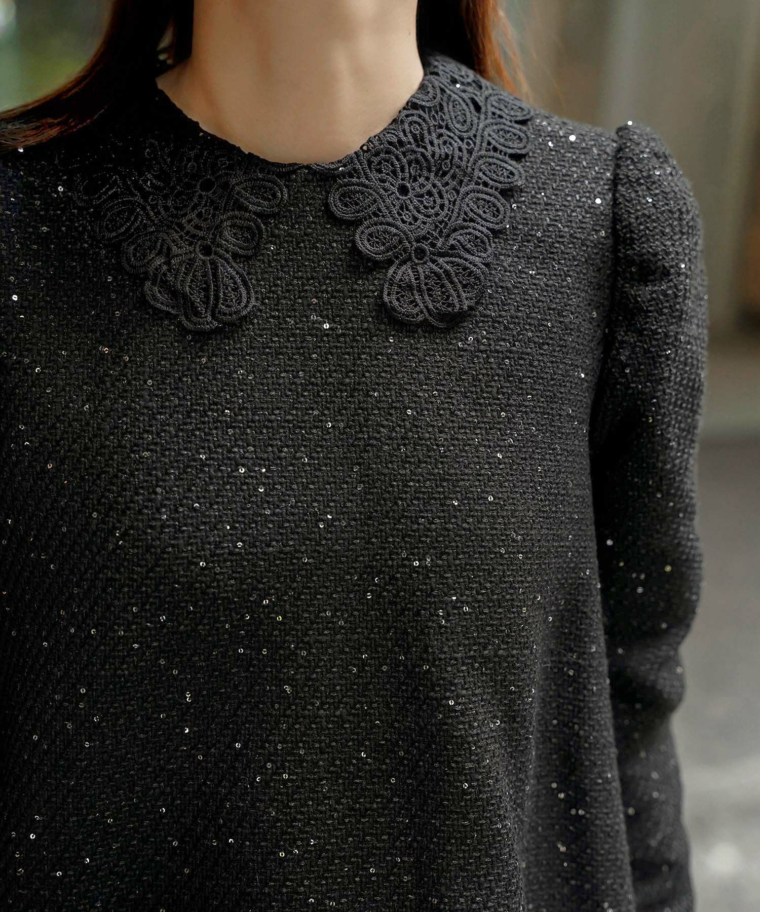 パフスリーブ フレア 上品 秋冬 チュニック/ブラックミックス/ネイビー/アイボリー/ブラック/M