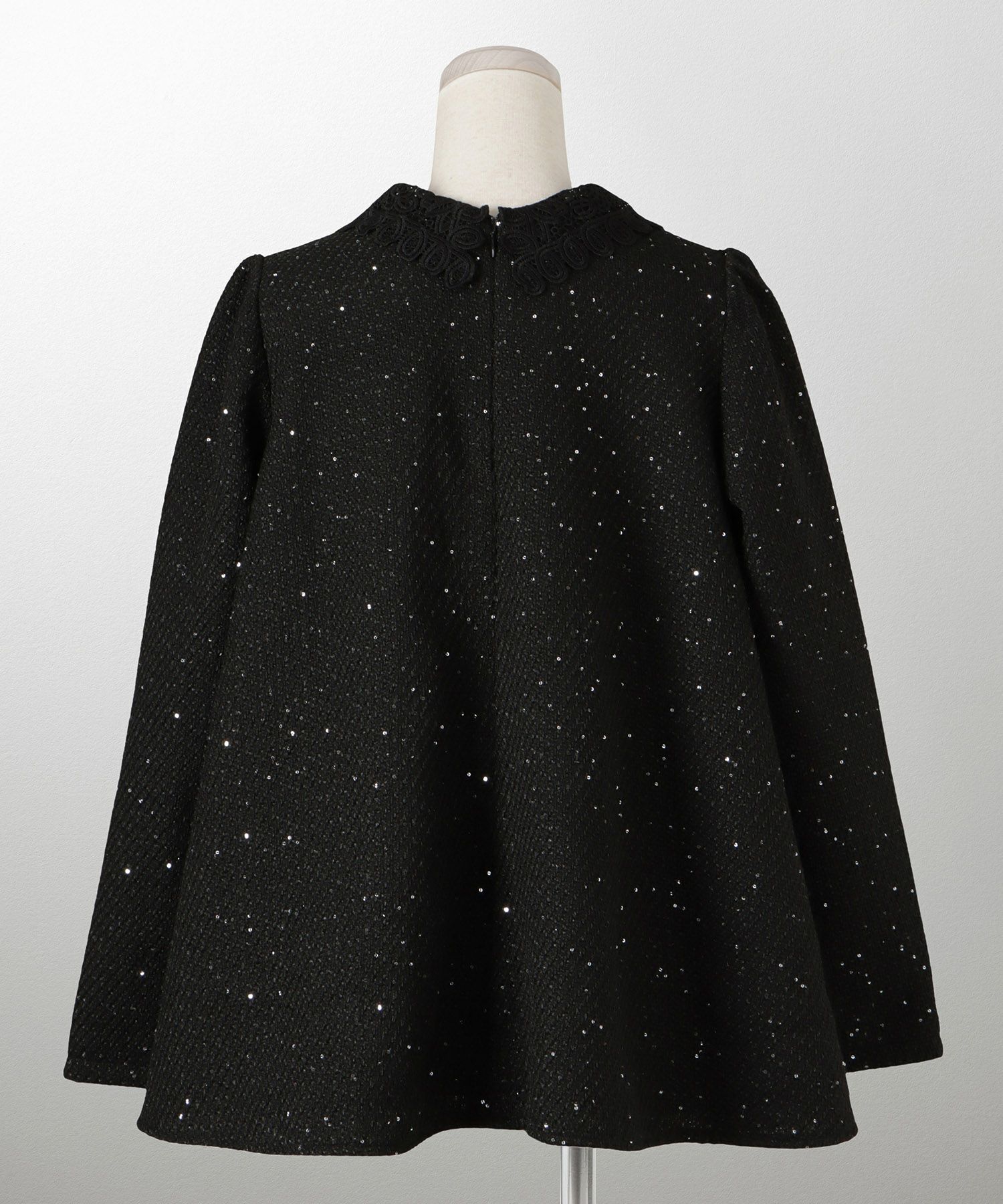 パフスリーブ フレア 上品 秋冬 チュニック/ブラックミックス/ネイビー/アイボリー/ブラック/M