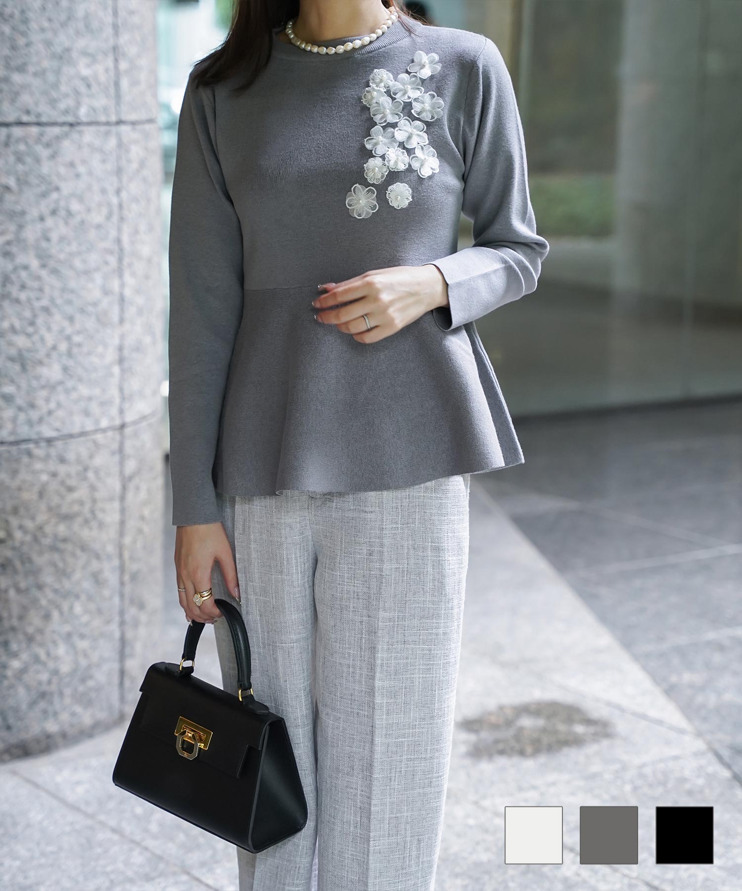 フラワーモチーフ ニット トップス HUIT アイボリー/グレー/ブラック