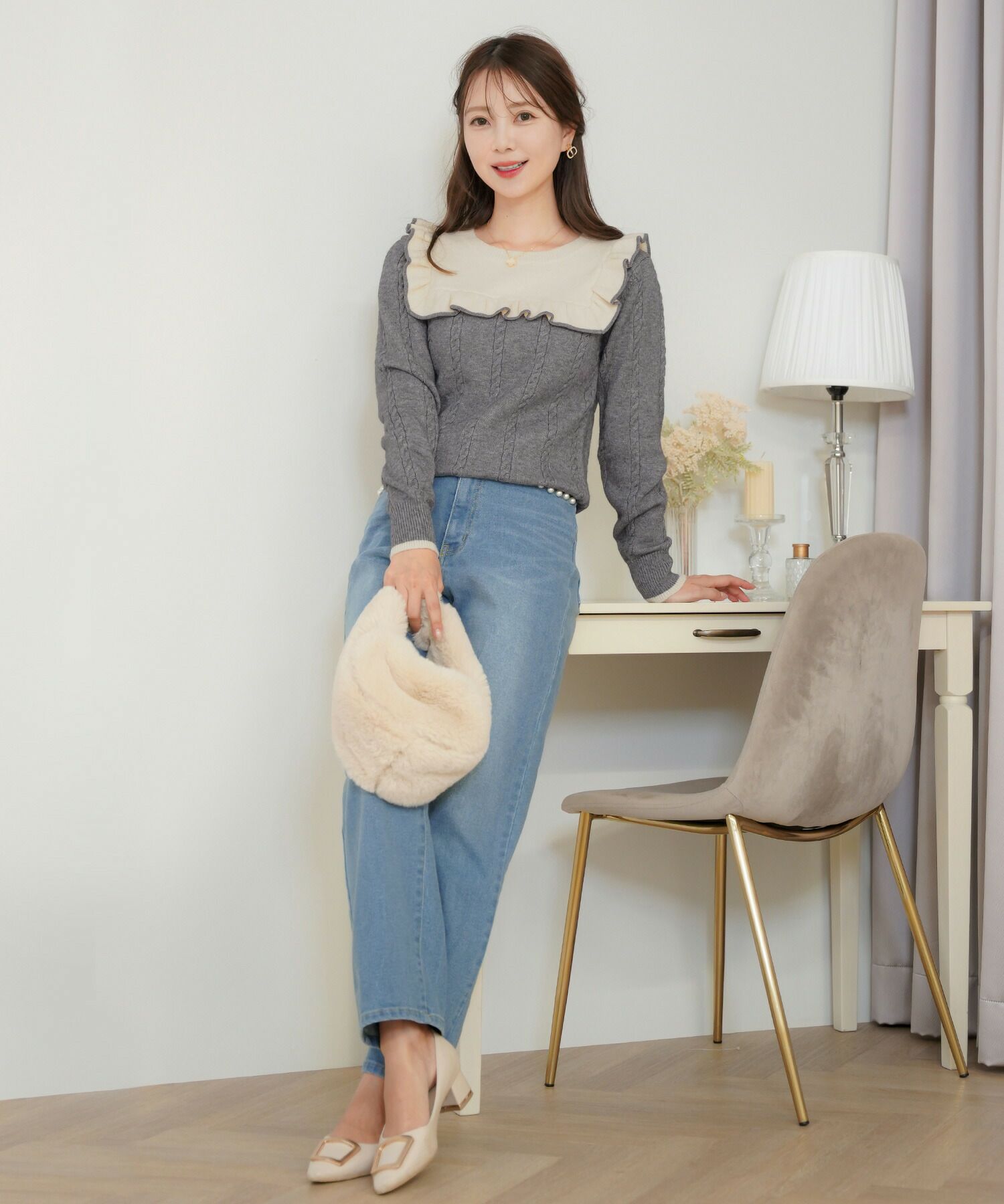 レディース/トップス/ニット/ハイゲージ/フリル/バイカラー/ヨーク/クルーネック/長袖/ケーブル/秋/冬/配色/可愛い/フェミニン/エレガント/上品/キュート/カジュアル/ネイビー/ボーダー/マリン/モカ/ブラウン/グレー/ライトグレー