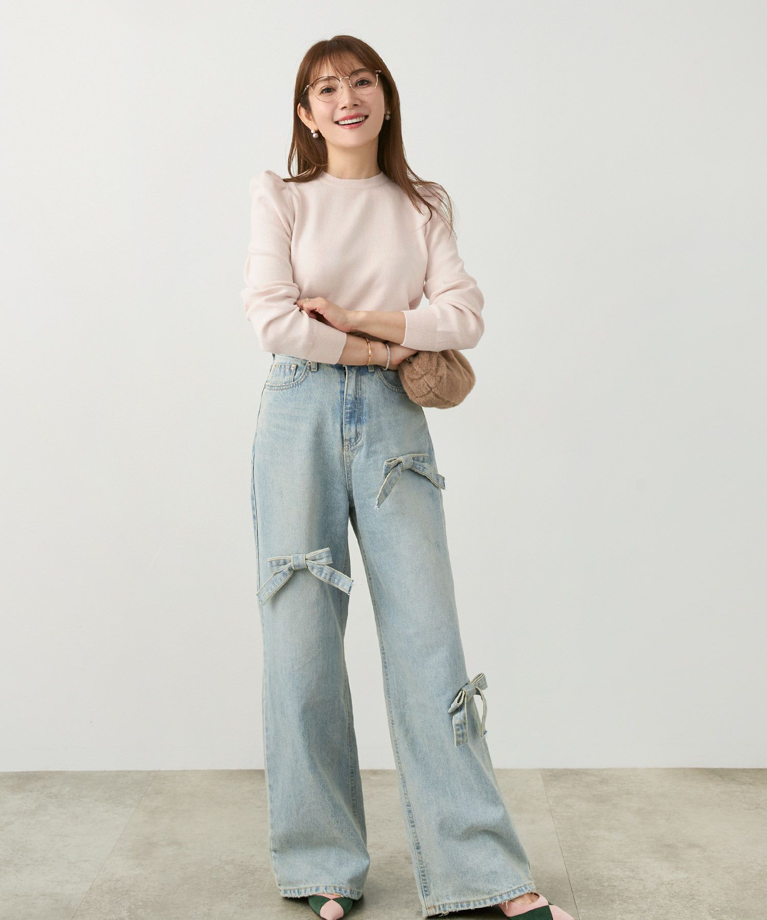 手洗い可ニットトップスレディースかわいい大人オフィスきれいめ色秋冬春パールジョイントスペース