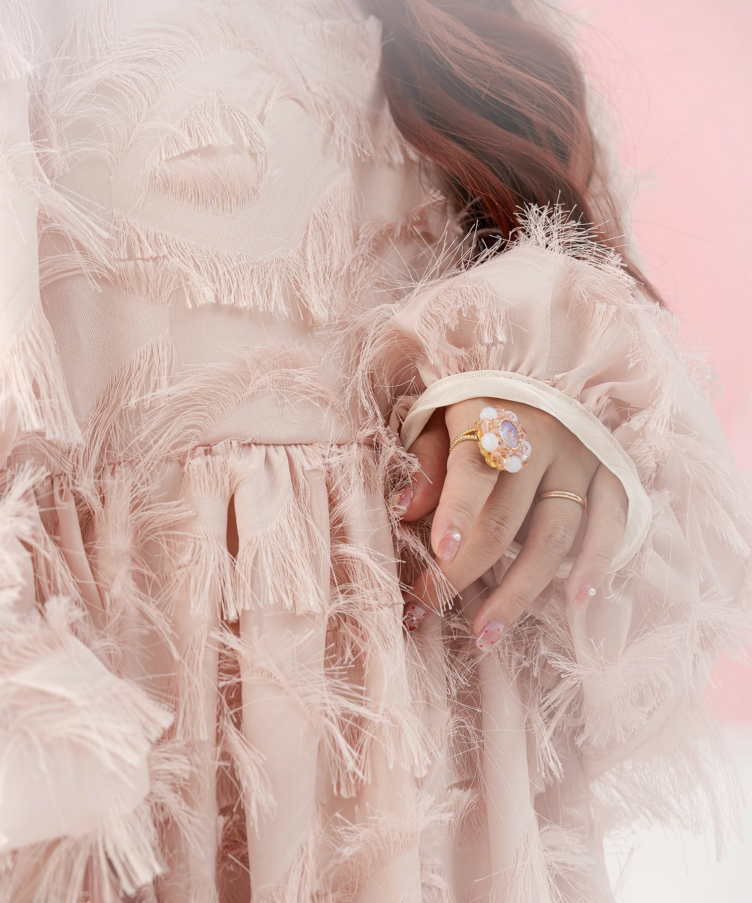 ラメ ジャガード ロング ドレス ボリューム /ブルーグレー/ピンクベージュ/M