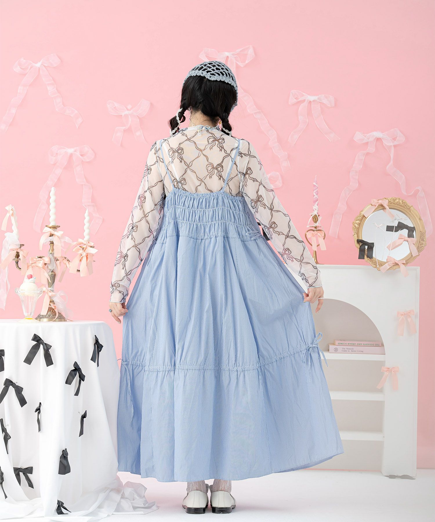 ストライプ フェミニン マキシ丈 ロング 秋 /アイボリー/ブルー/M