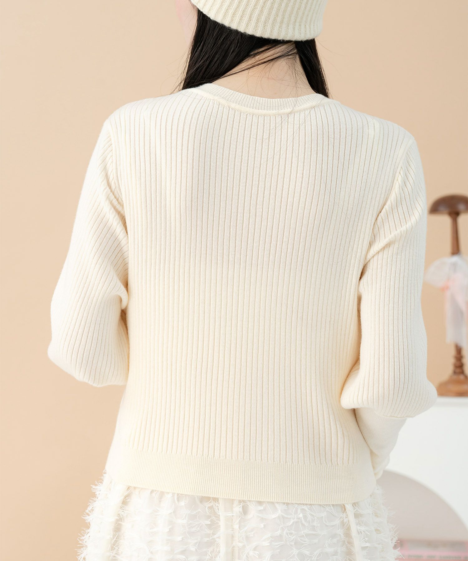 ボリュームスリーブ 上品 リブ/アイボリー/カーキ/F