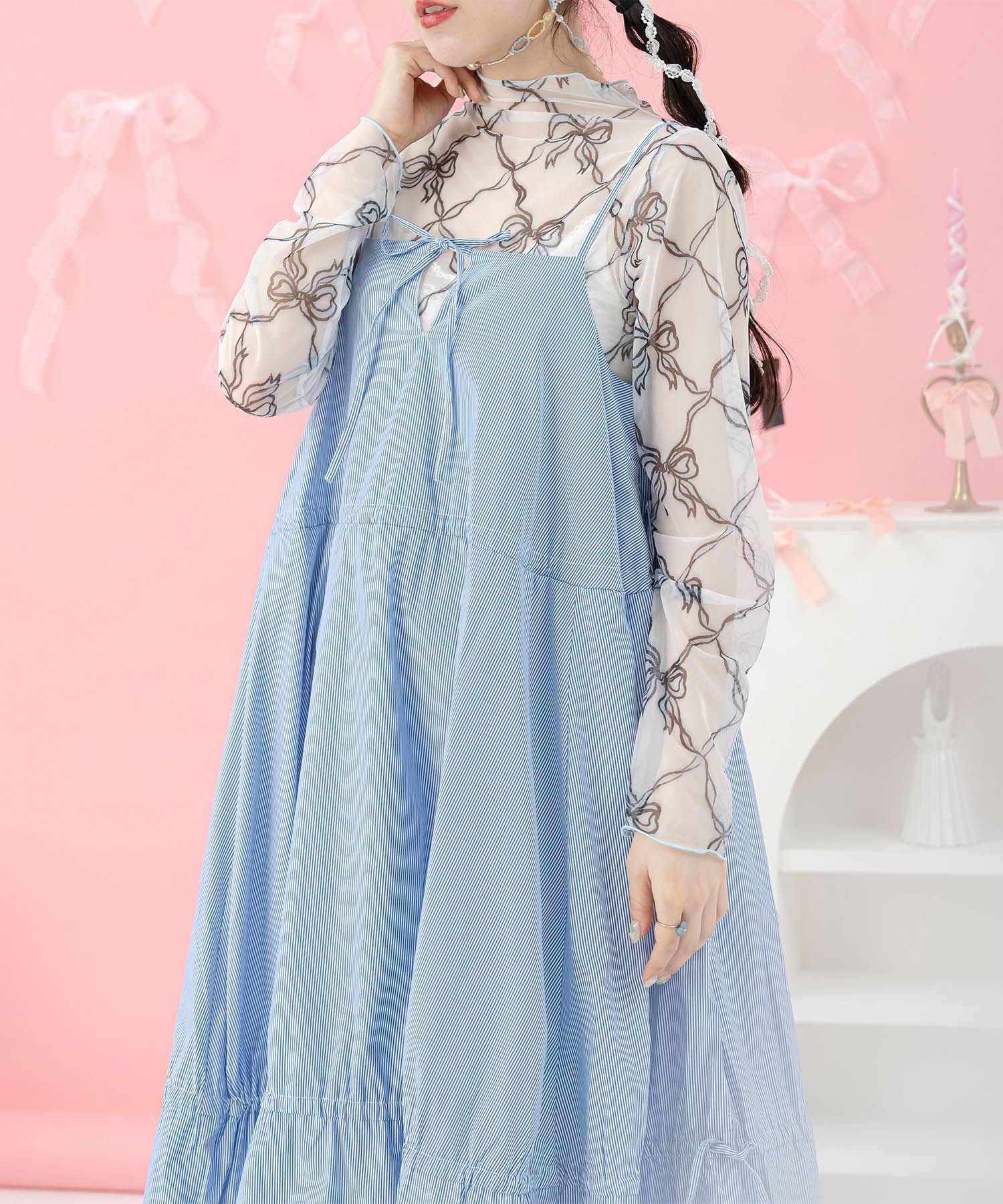 配色メロー レイヤード ストレッチ ガーリー 秋/ブルーリボン/M