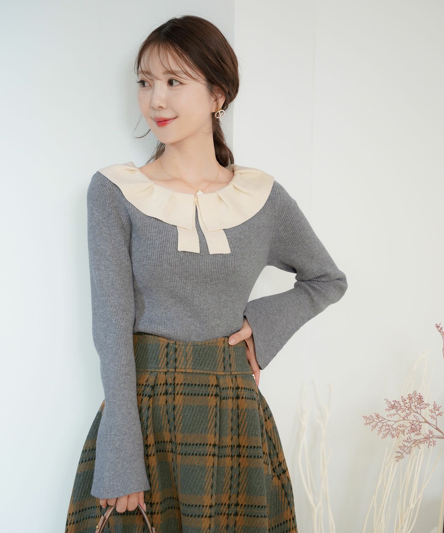 タック 襟リボン リブハイゲージ ニット le reve vaniller 全3色