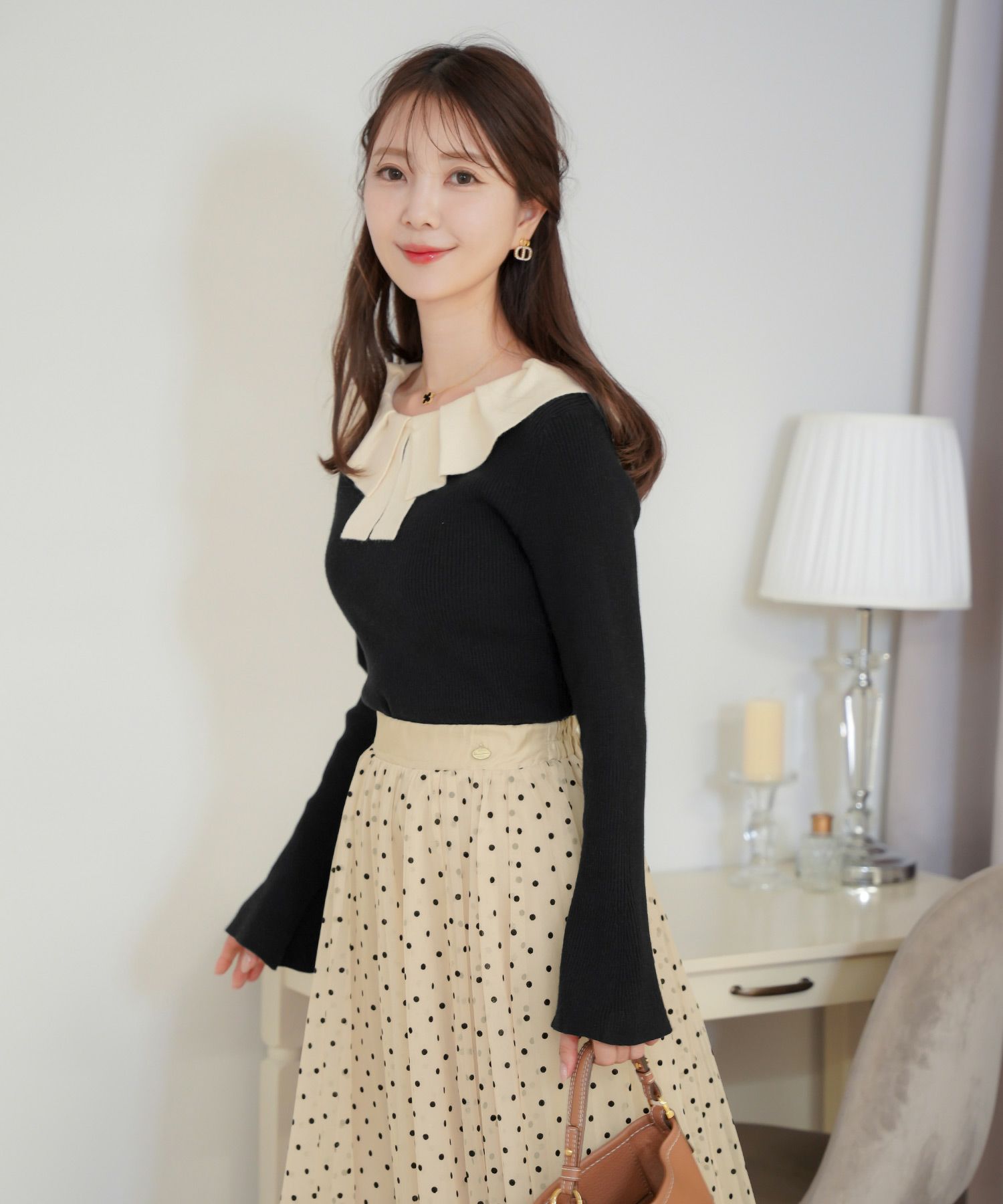 タック 襟リボン リブハイゲージ ニット le reve vaniller 全3色