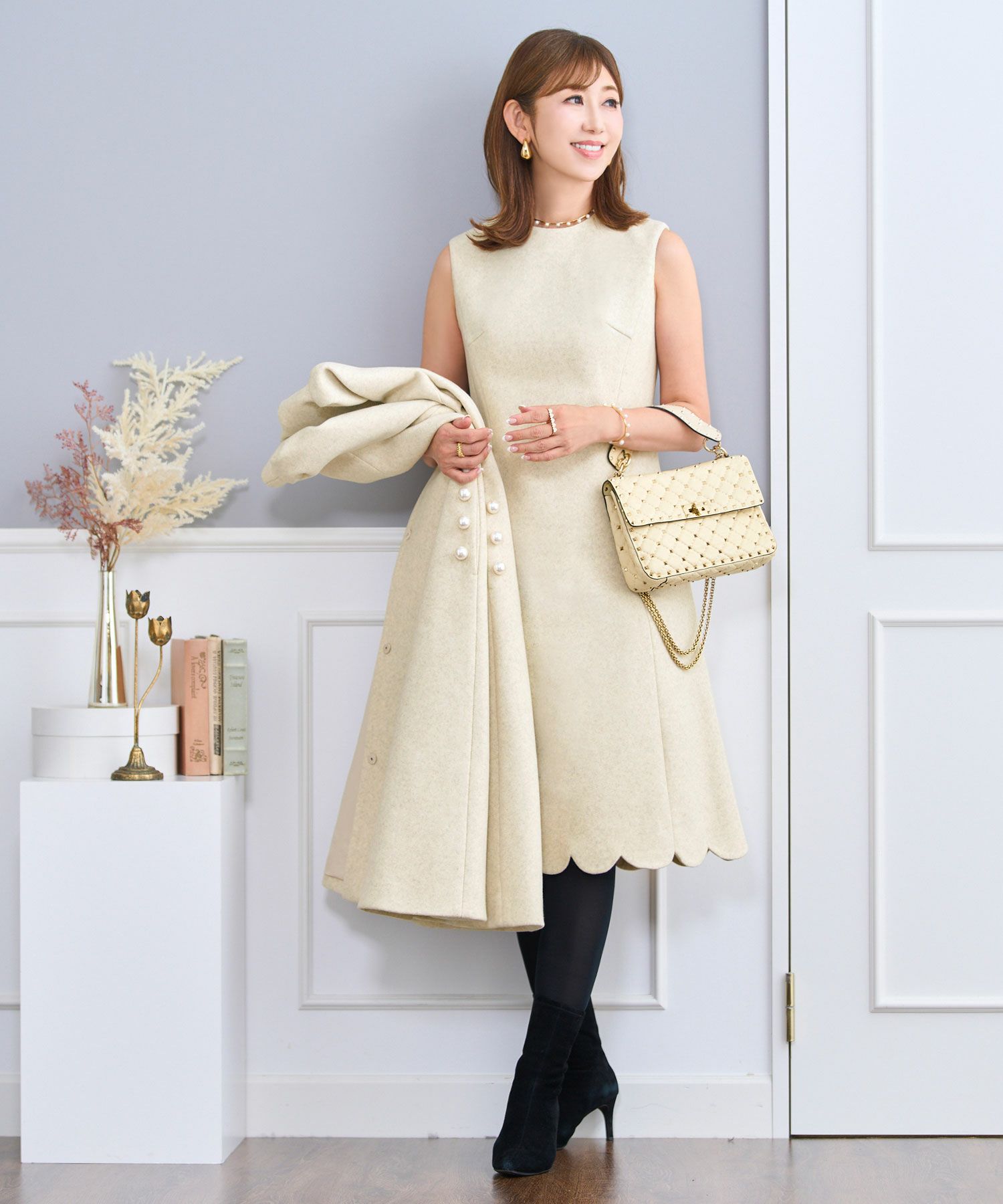 襟取外し可能 2WAY ウール調 スカラップ ワンピース Prima Scherrer 全  