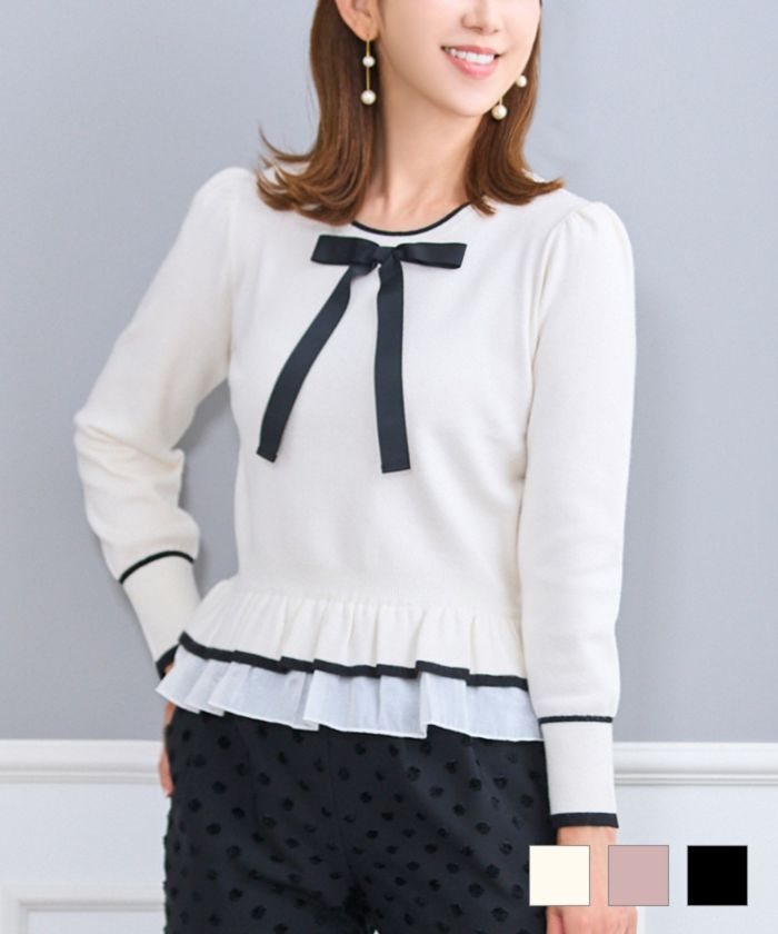 フリルレイヤードニットリボンネックプルオーバーPrimaScherrer全3色｜psc441-0875【1】