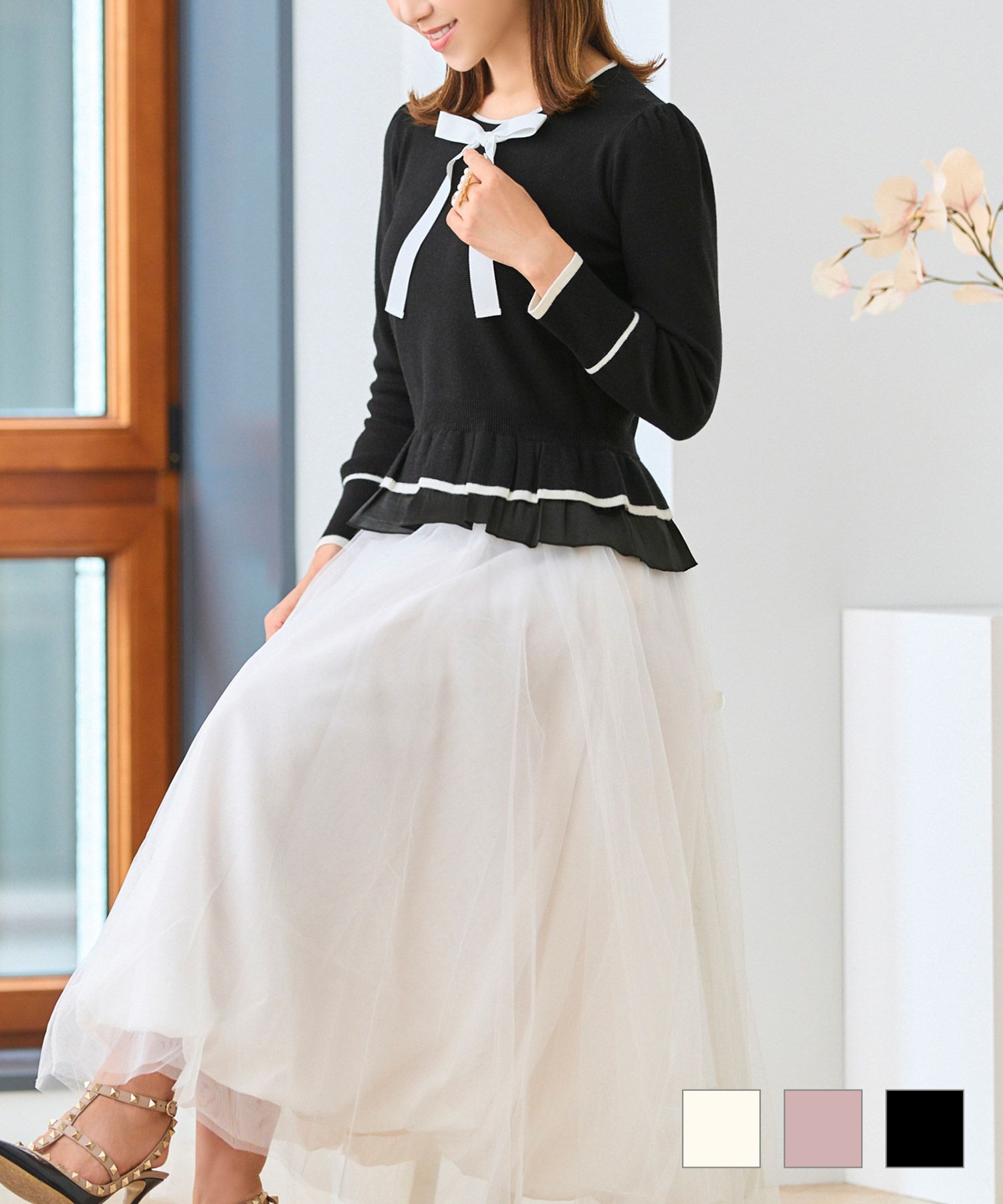 フリルレイヤードニットリボンネックプルオーバーPrimaScherrer全3色｜psc441-0875【1】