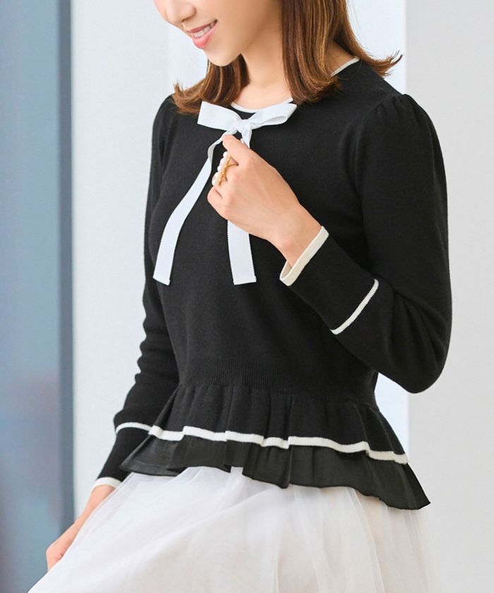 Xmas-SALE フリルレイヤード ニット リボンネック プルオーバー Prima