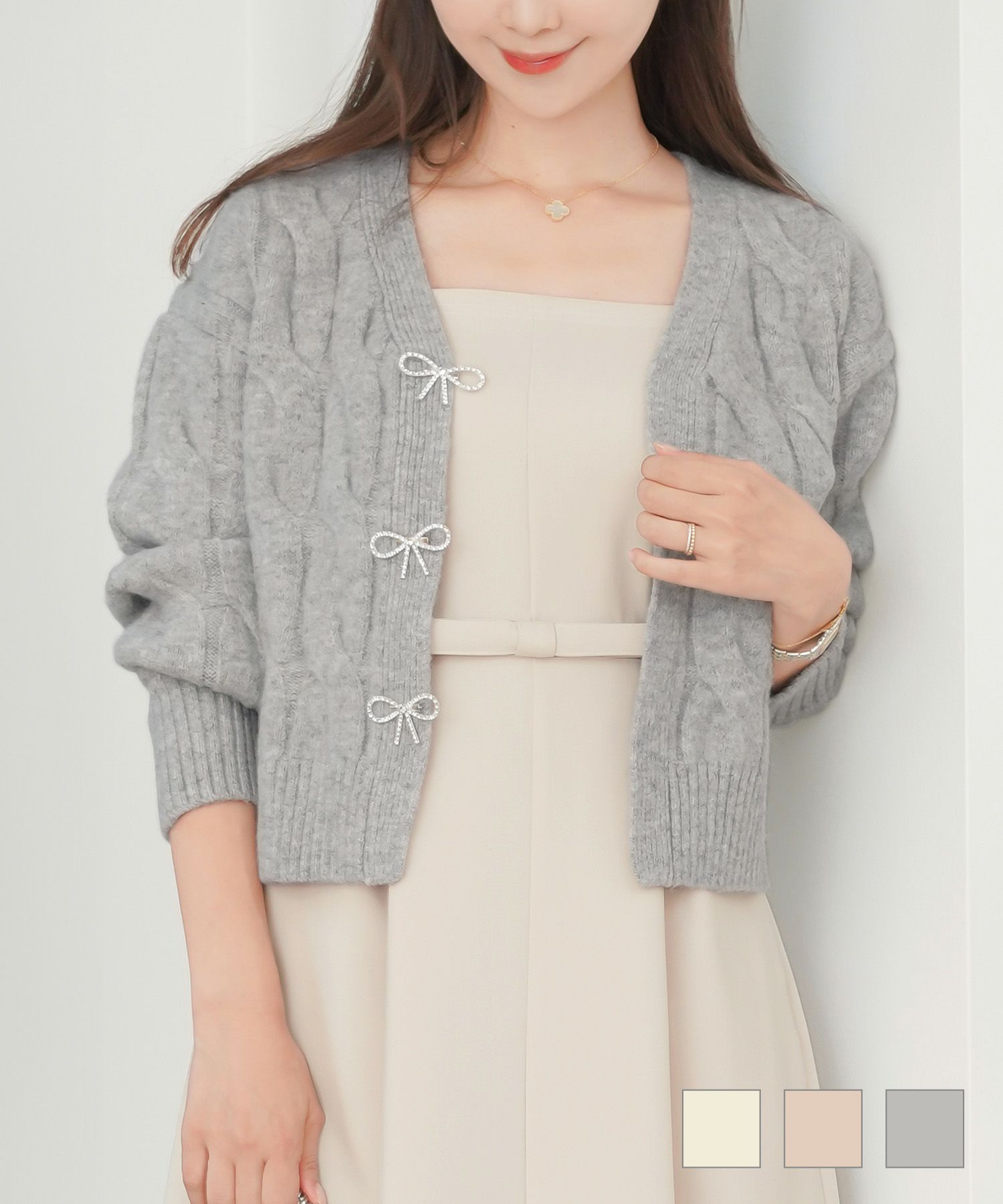 ビジューリボンブローチショートカーディガンlerevevanillerアイボリー/シェルピンク/ライトグレー