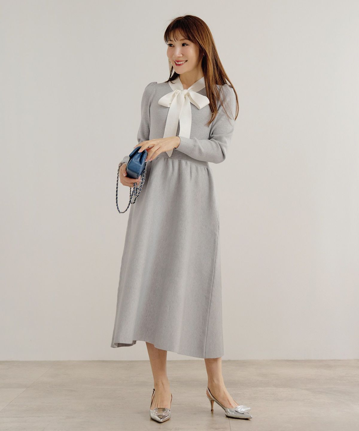 手洗い可ニットワンピース長袖ロングレディース秋春フレア黒可愛いオフィスきれいめジョイントスペース