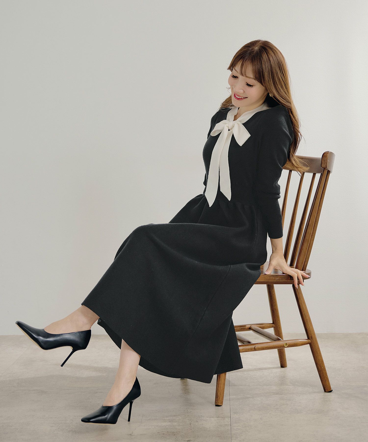 手洗い可ニットワンピース長袖ロングレディース秋春フレア黒可愛いオフィスきれいめジョイントスペース