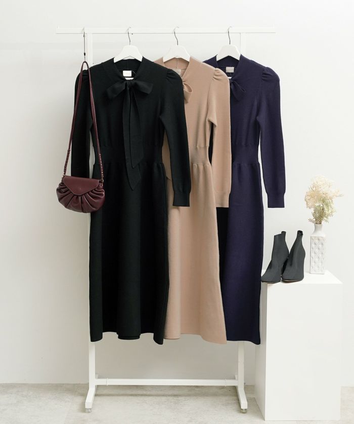 12/下旬頃発送予定！ボウタイ ニット ワンピース Liala×PG 全5色