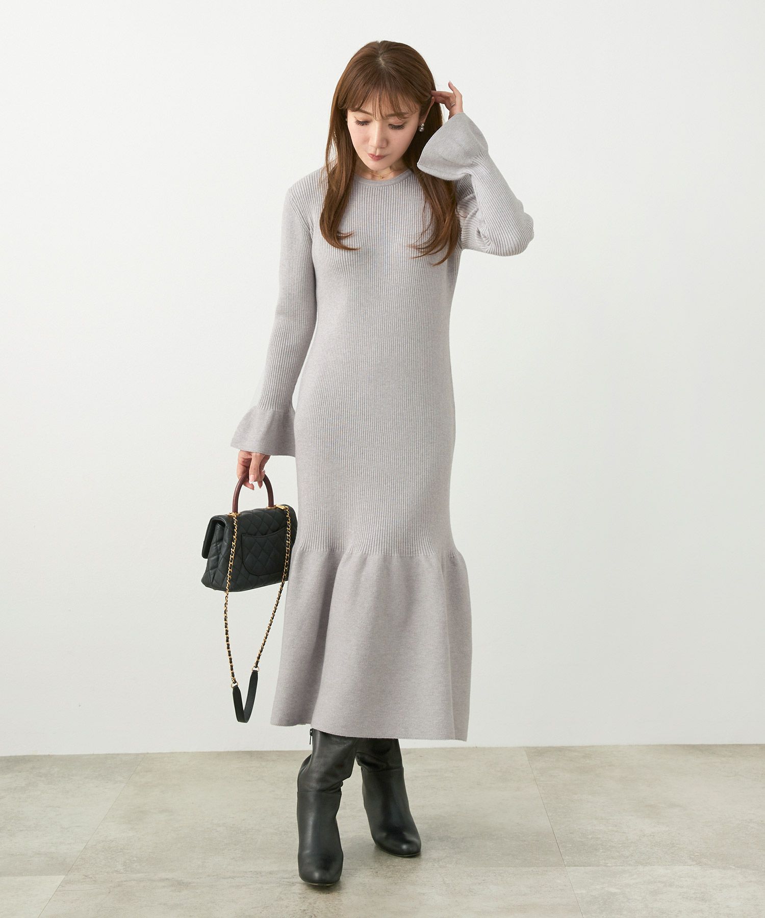 手洗い可ニットワンピースレディース長袖秋冬春かわいいオフィスきれいめ大人細身ジョイントスペース