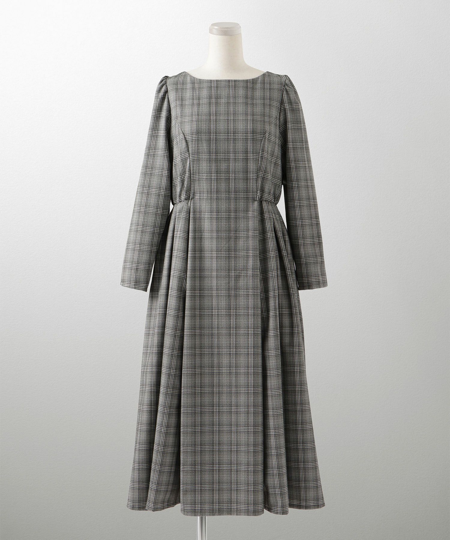トレンド 秋冬 上品 ドレスライク デイリー ストレッチ タック ギャザー フレア ロング/千鳥格子/グレンチェック/M