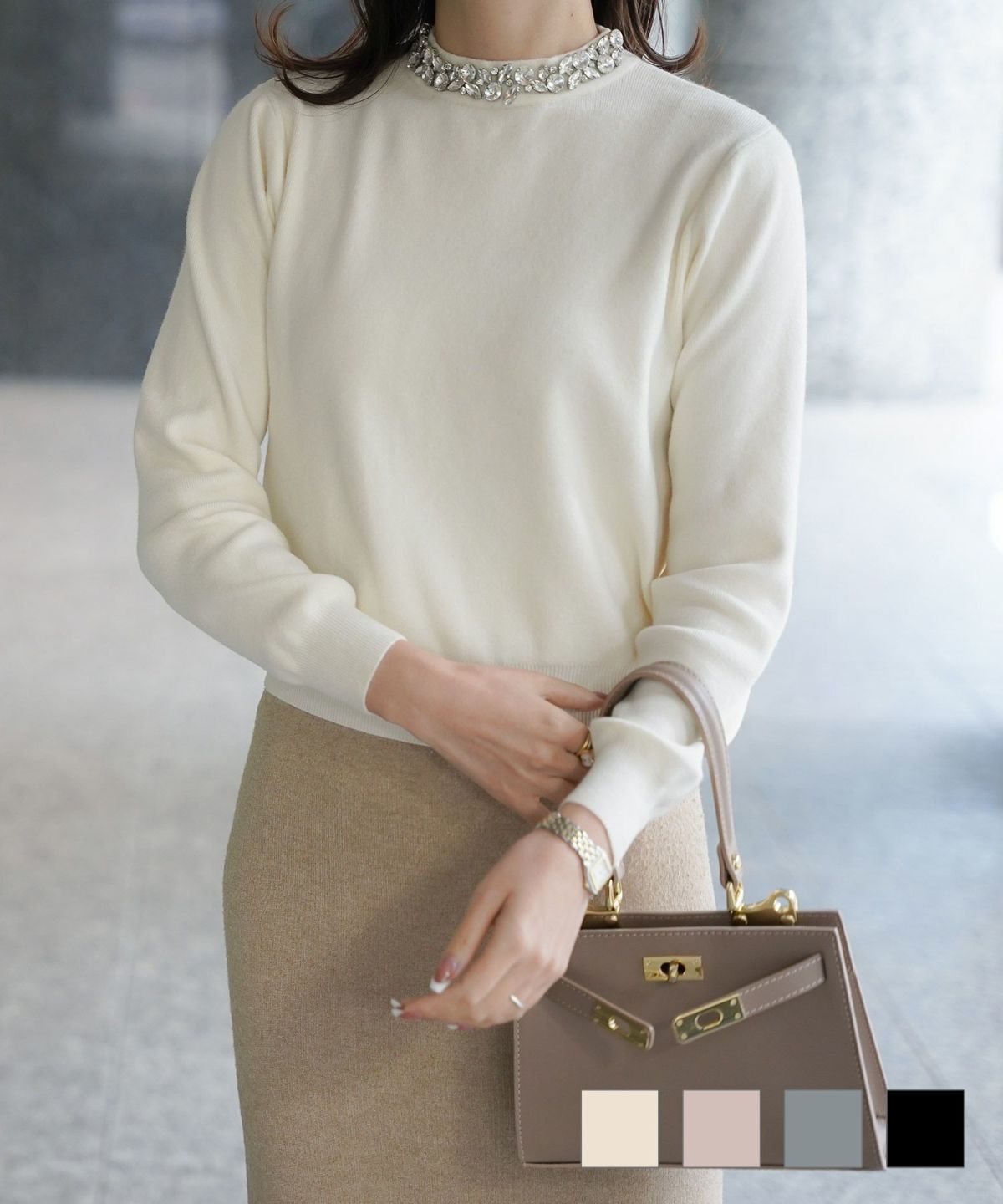 ビジューネック ニット プルオーバー HUIT アイボリー/ピンク/グレー/ブラック