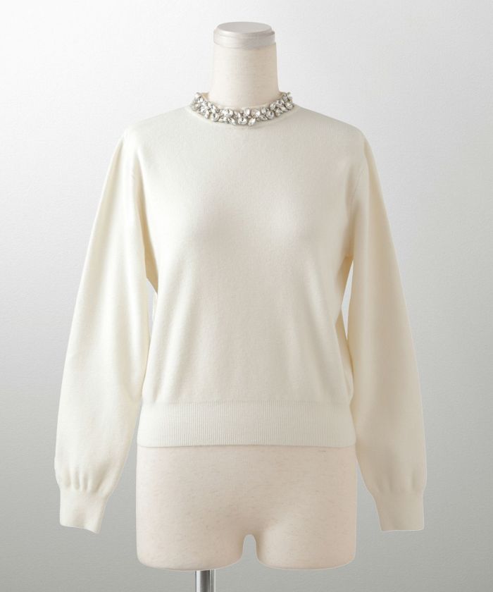40 N°21 安全ピン　ビジュー　ニット ビジューネック ニット プルオーバー HUIT 全4色｜hit441-0194