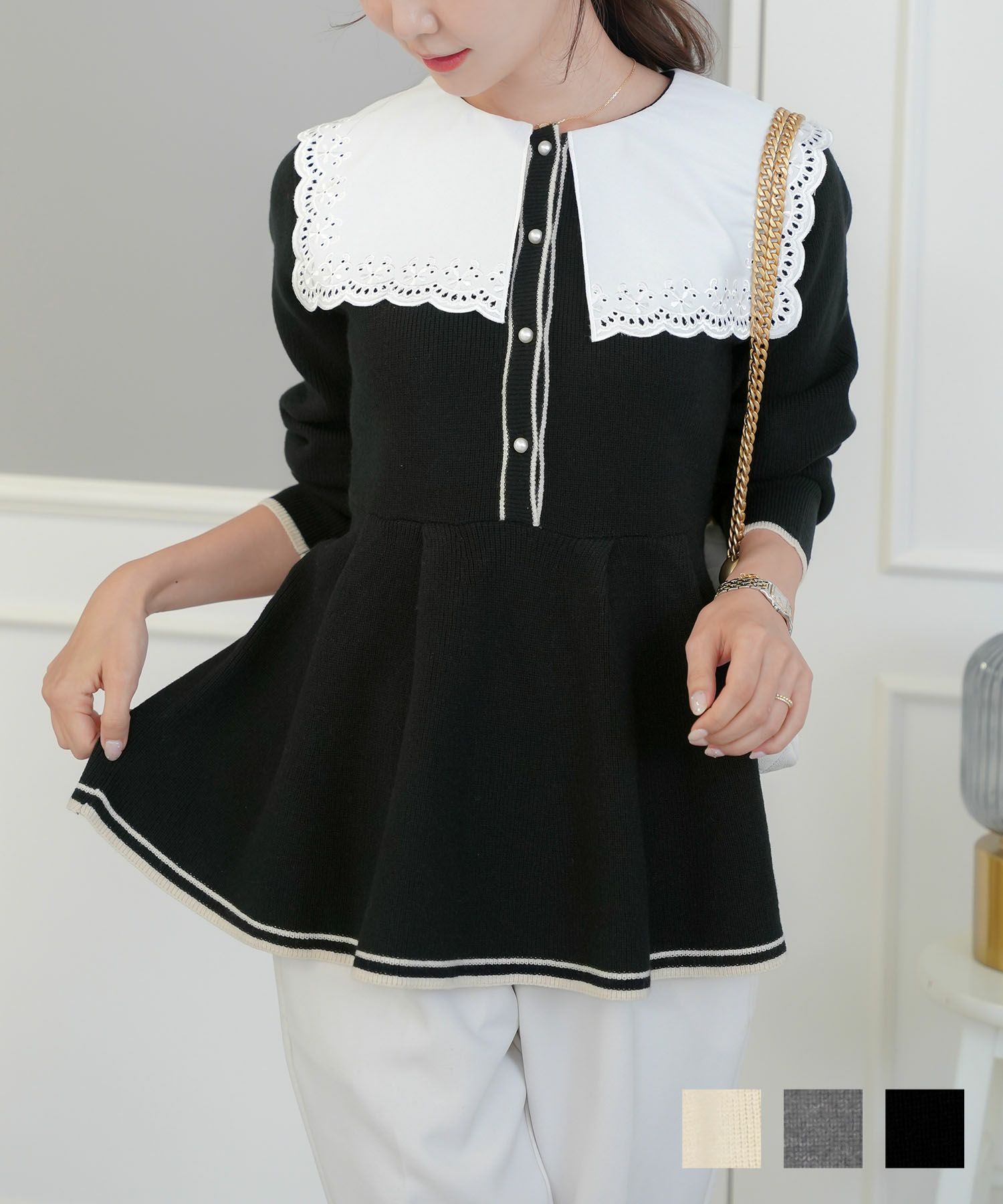 刺繍入りセーラーカラーペプラムニットlerevevanillerアイボリー/チャコール/ブラック