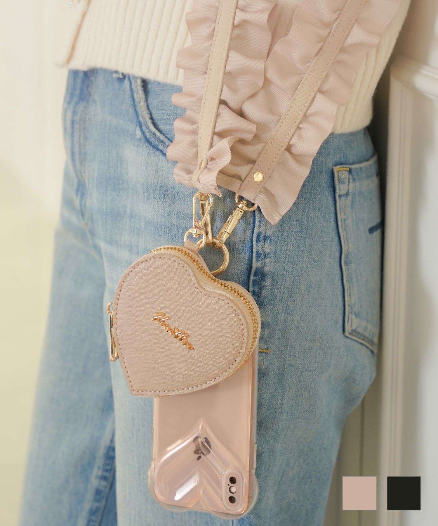 ハートポーチセットフリルスマホショルダーストラップlerevevanillerピンクベージュ/ブラック