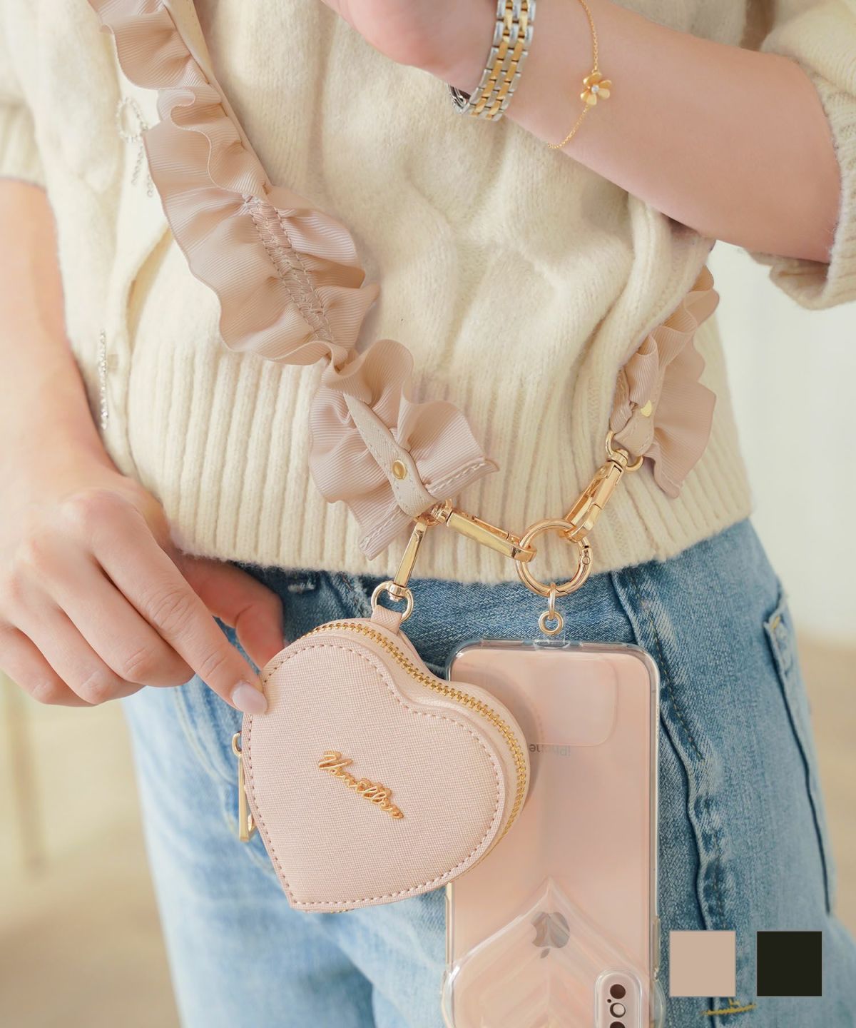 ハートポーチセットフリルスマホショルダーストラップlerevevanillerピンクベージュ/ブラック