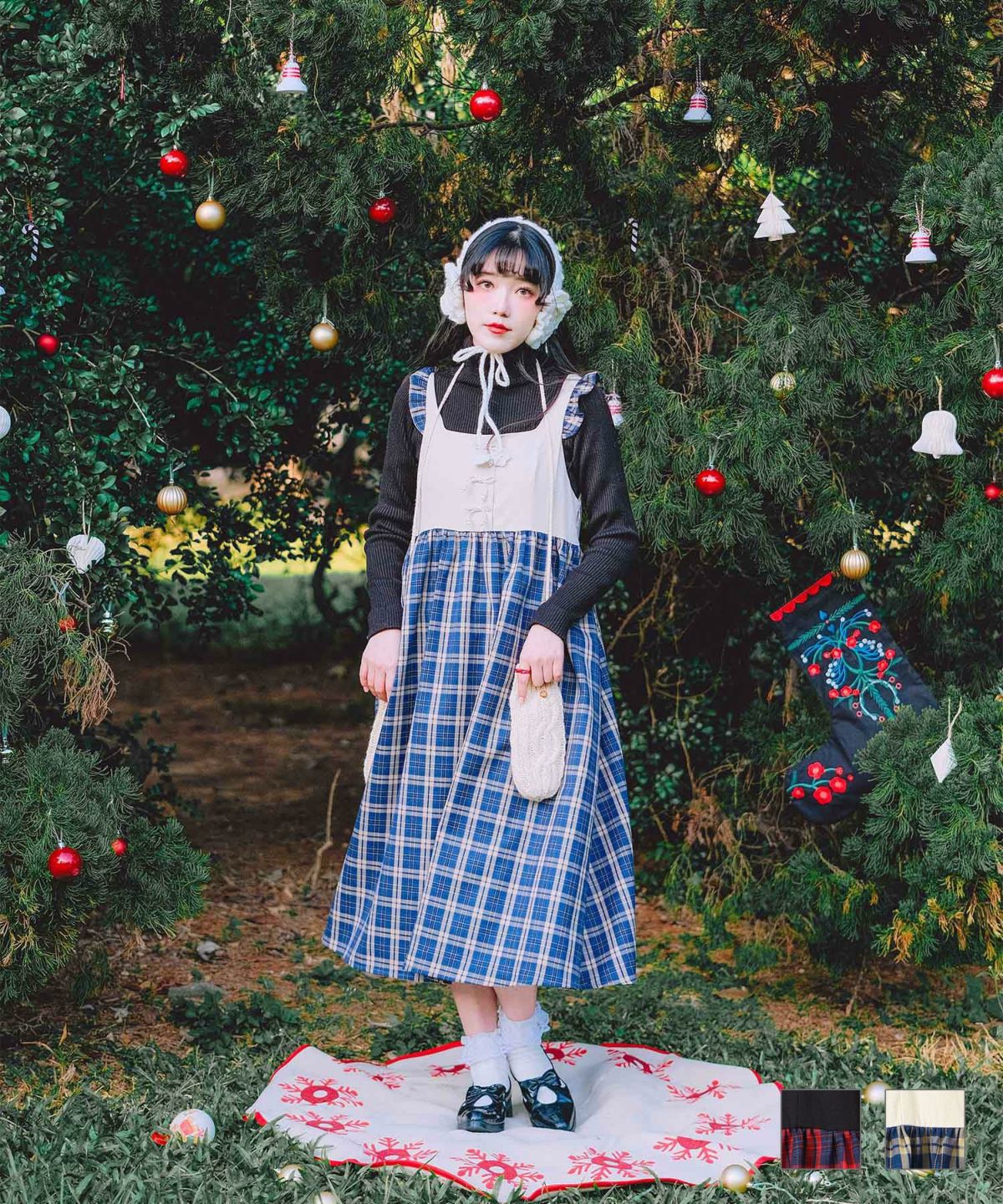 バイカラーチェックワンピース Two-Tone Check Dress miolite レッドチェック/ブルーチェック