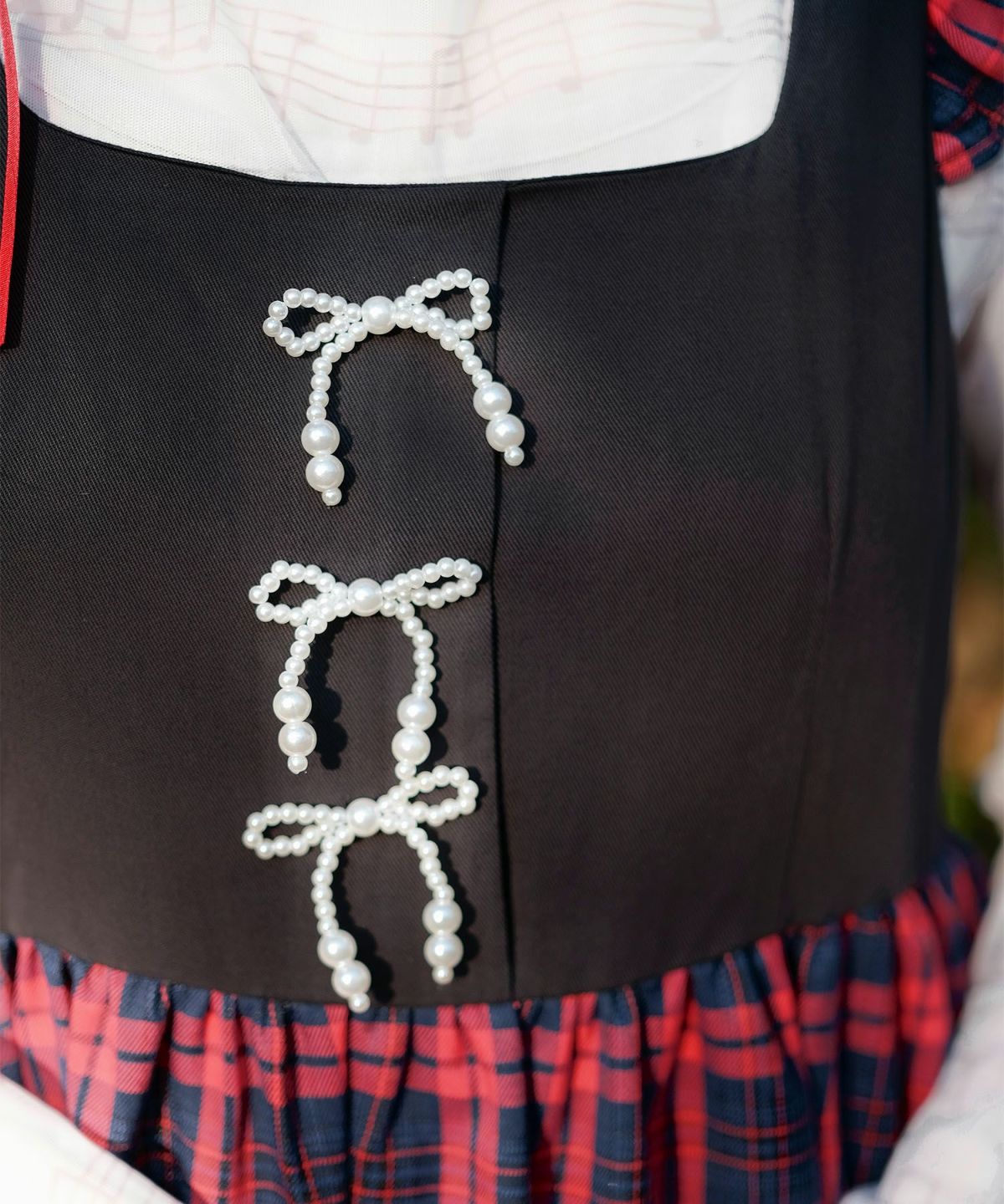 クリスマス リボン パール ロング 秋冬/レッドチェック/ブルーチェック/M
