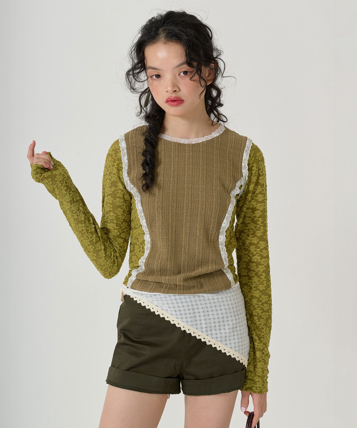 WINTERSALE 異素材パネルデザイン ロンT TINA：JOJUN 全2色｜tnj511