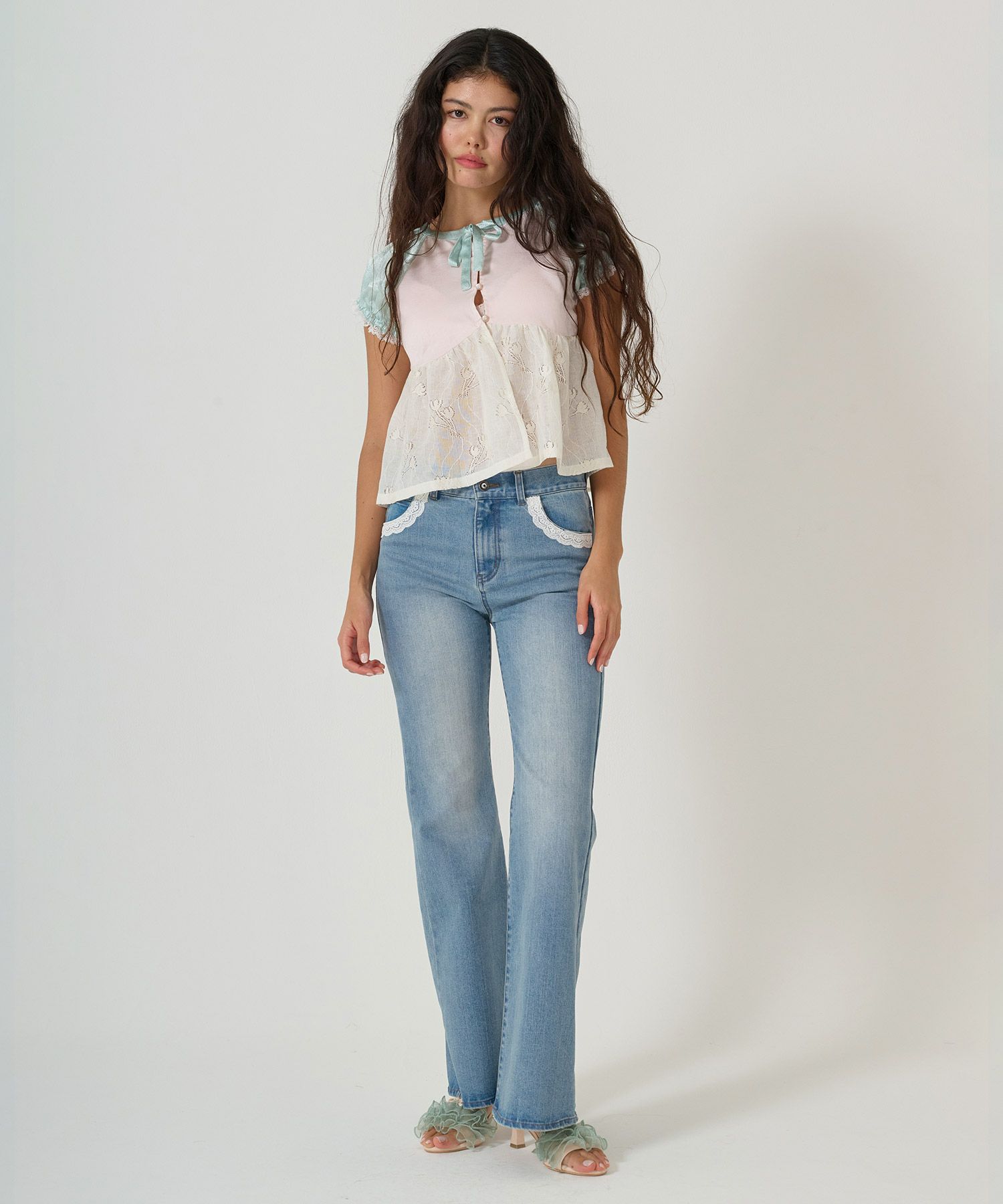 ボトムス/デニム/フレアパンツ/レース