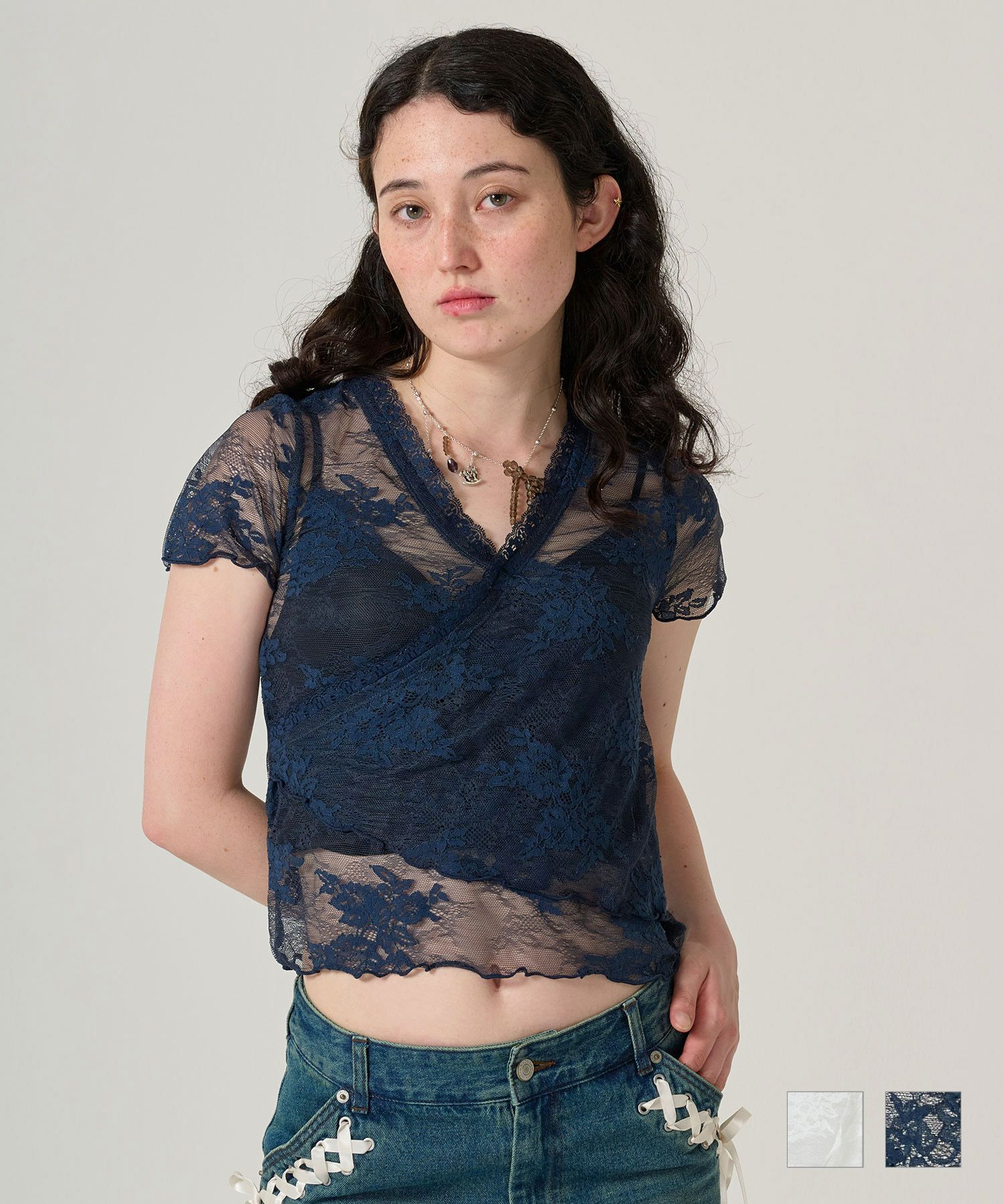 レース/カシュクール/トップス/ネイビー