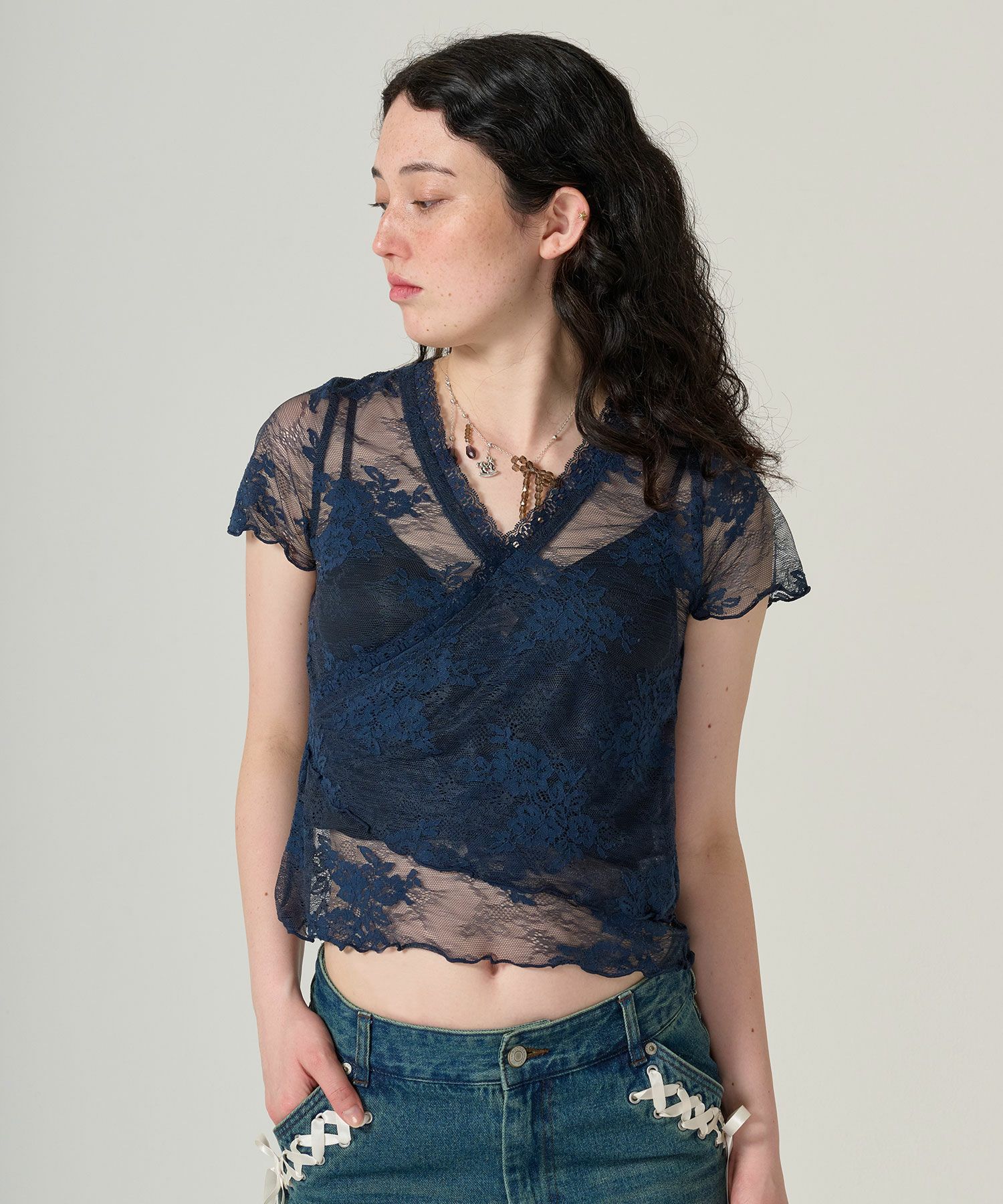レース/カシュクール/トップス/ネイビー